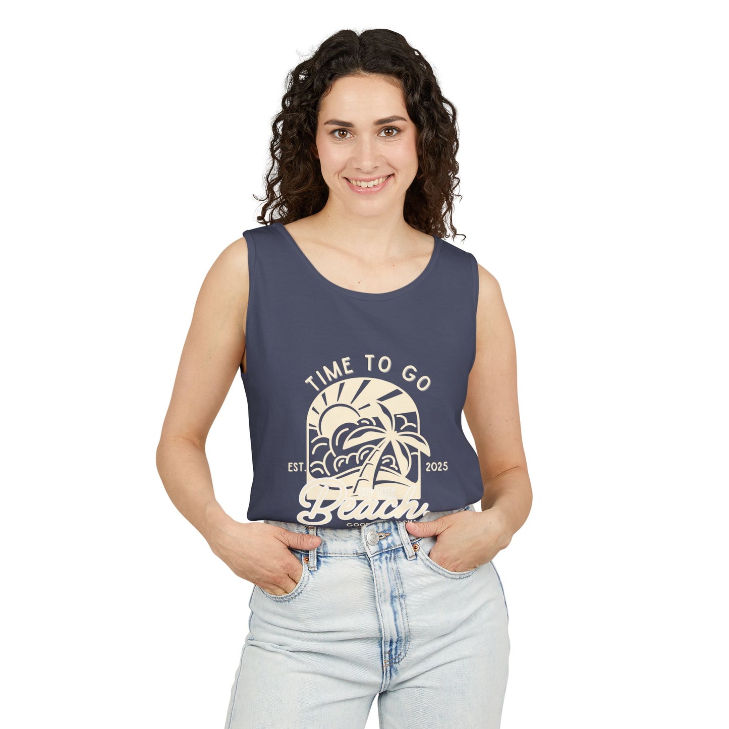 Beach Time (Ivory) Unisex Garment-Dyed Tank Top – Summer Fit for Beach Days, Relaxed Casual Wear, Travel Outfit