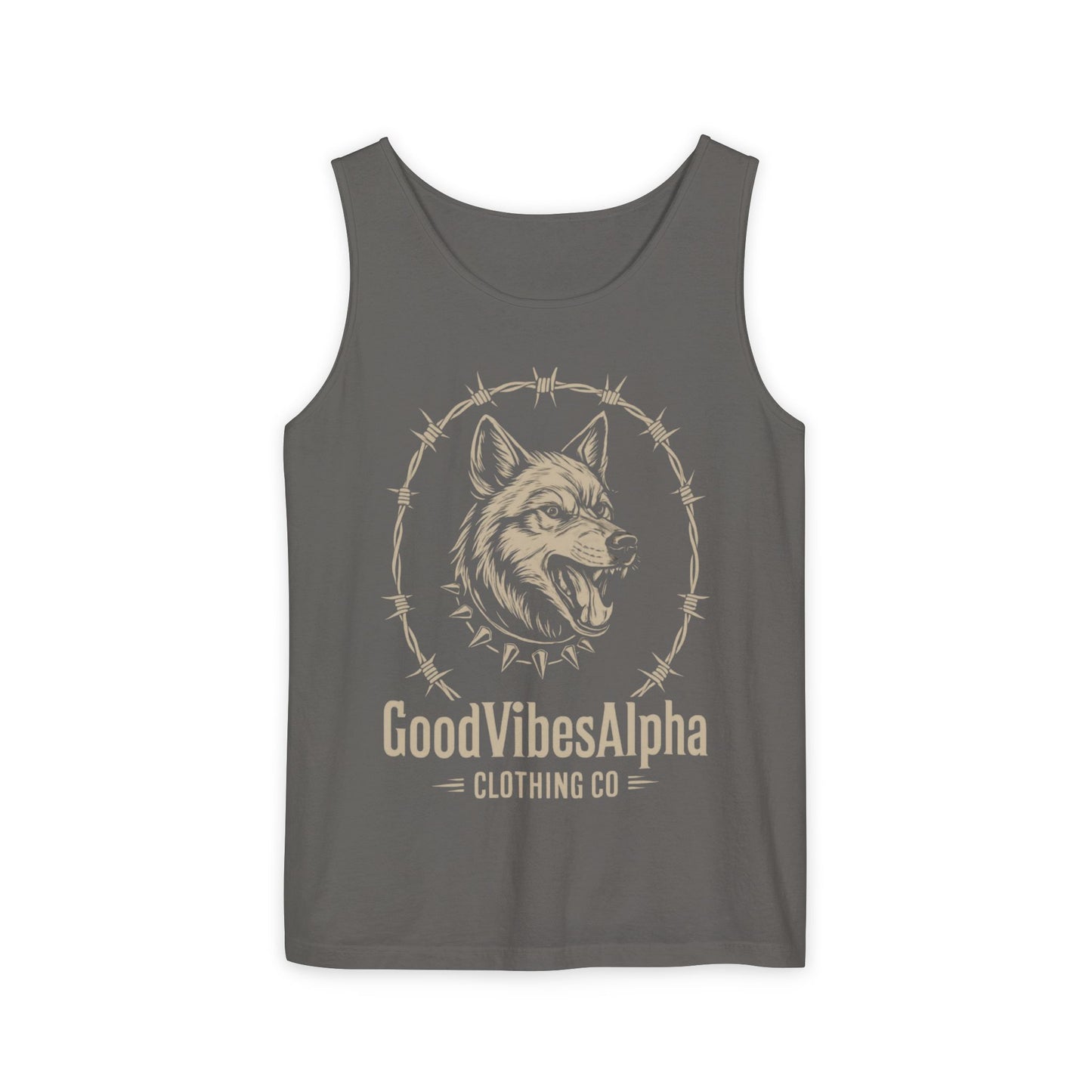 Good Vibes Alpha Wolf Unisex Garment-Dyed Tank Top – Summer Style, Casual Wear, Gifts for Him, Athleisure, Relaxed Fit