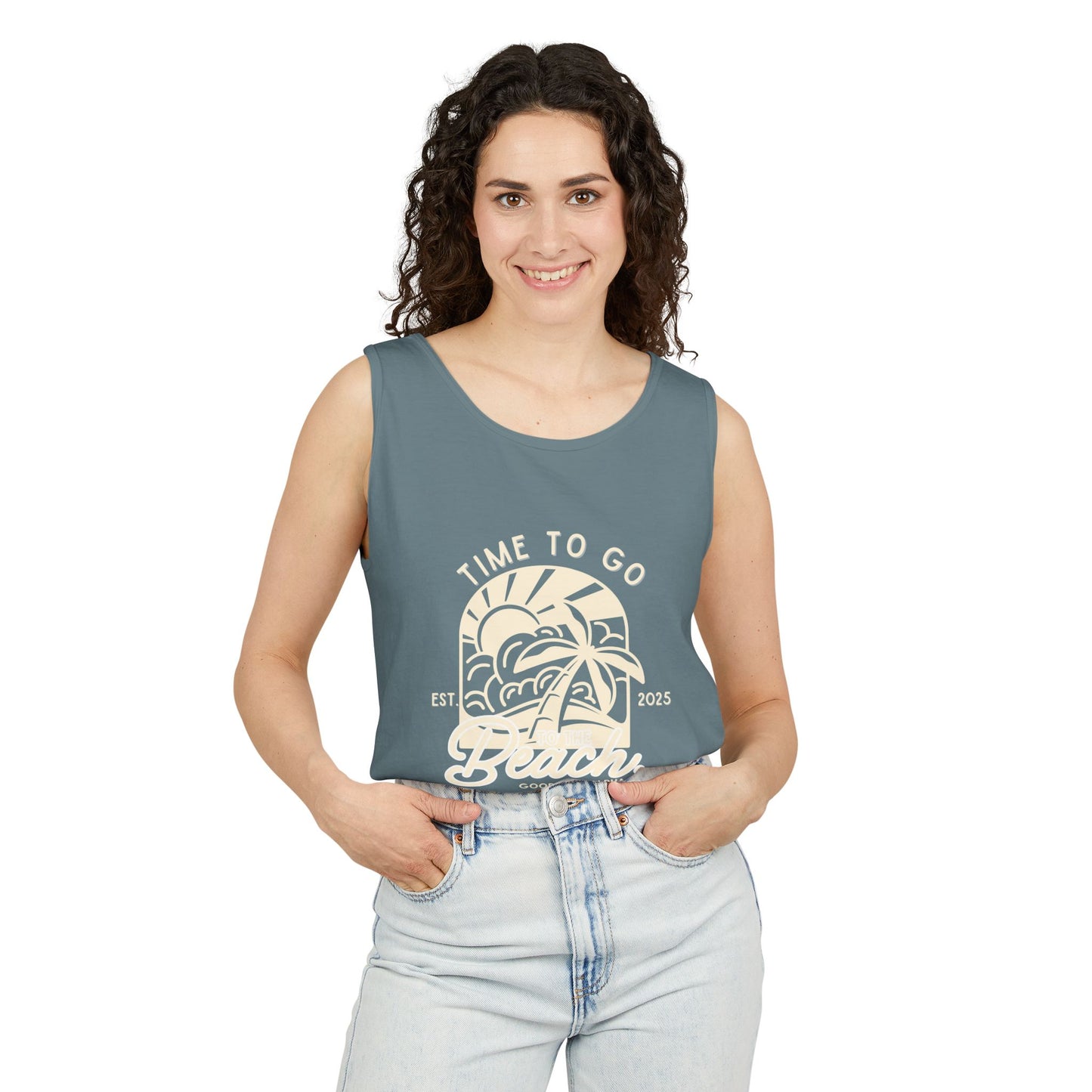 Beach Time (Ivory) Unisex Garment-Dyed Tank Top – Summer Fit for Beach Days, Relaxed Casual Wear, Travel Outfit