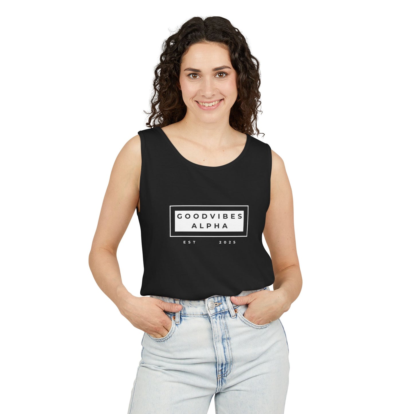 Good Vibes Alpha ESTD25 Unisex Garment-Dyed Tank Top – Summer Style, Casual Wear, Gifts for Him, Athleisure, Relaxed Fit