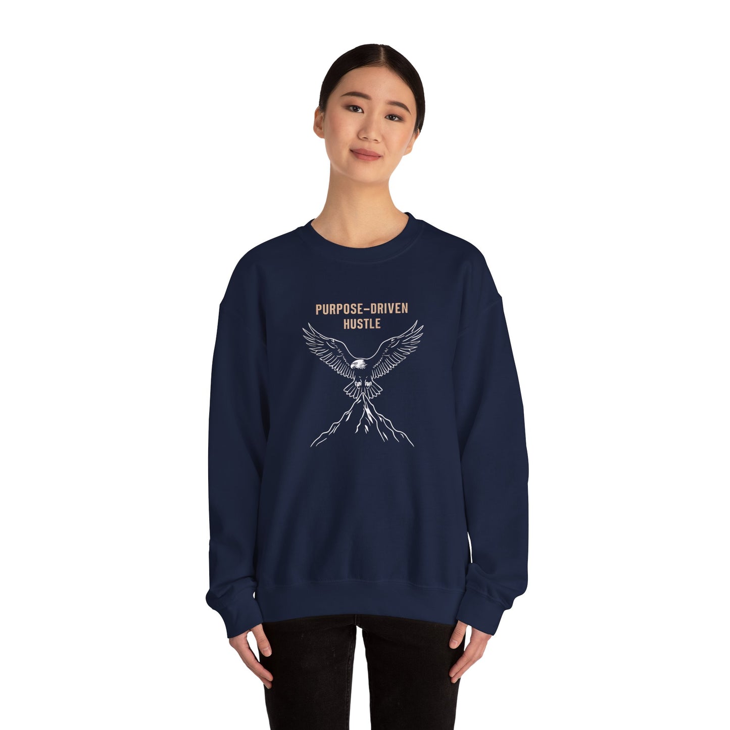 Purpose-Driven Hustle Crewneck Sweatshirt – Eagle on Summit Design, Heavyweight Cotton Blend, Durable & Warm Fleece