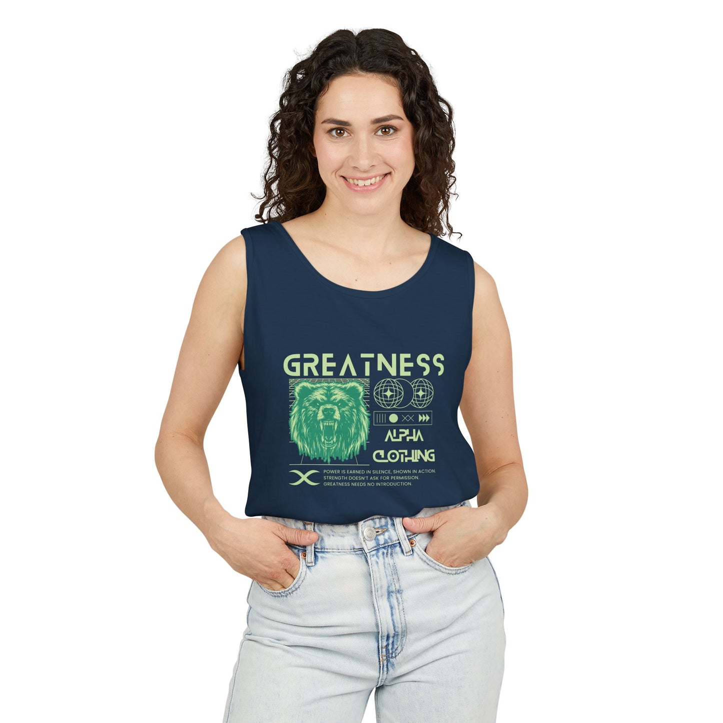 Greatness (Green) Unisex Garment-Dyed Tank Top, Summer Style, Casual Wear, Gifts for Him, Athleisure, Relaxed Fit
