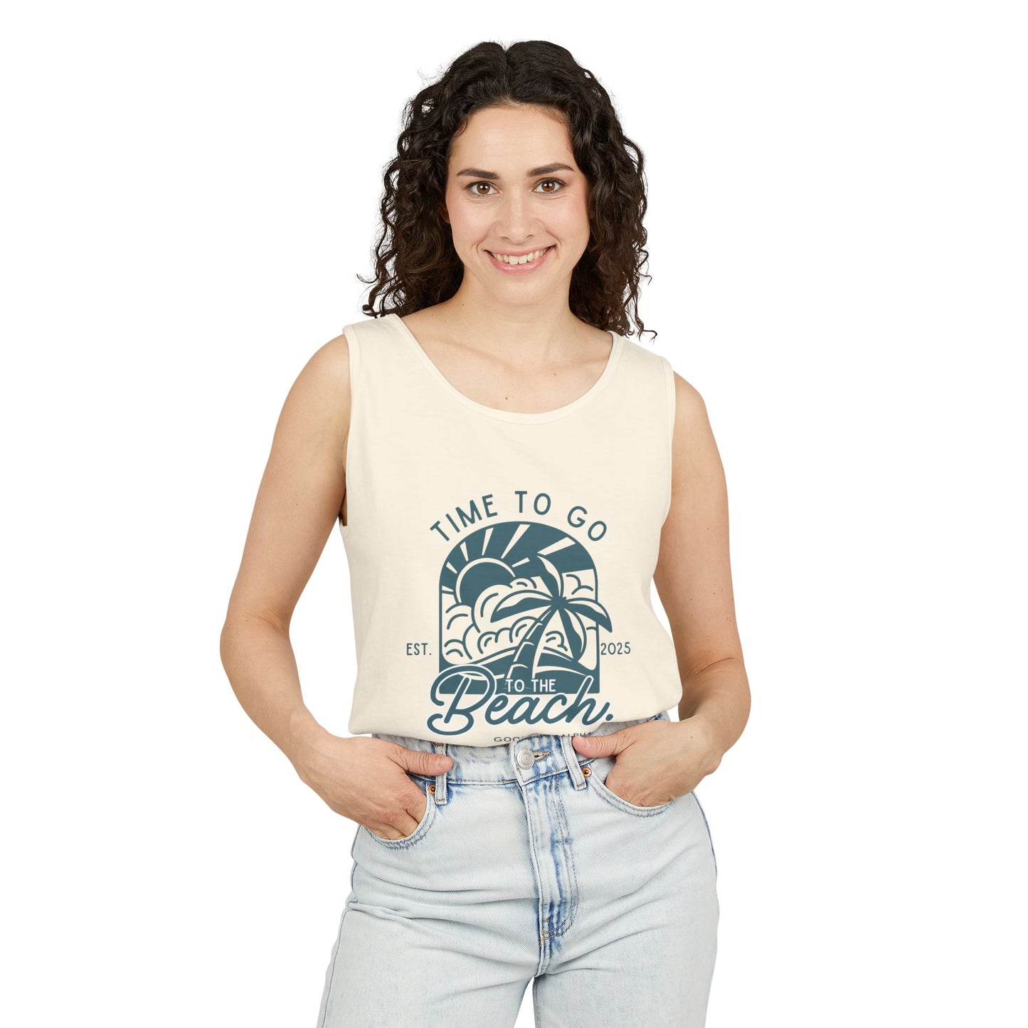 Beach Time (Teal) Unisex Garment-Dyed Tank Top – Summer Fit for Beach Days, Relaxed Casual Wear, Travel Outfit