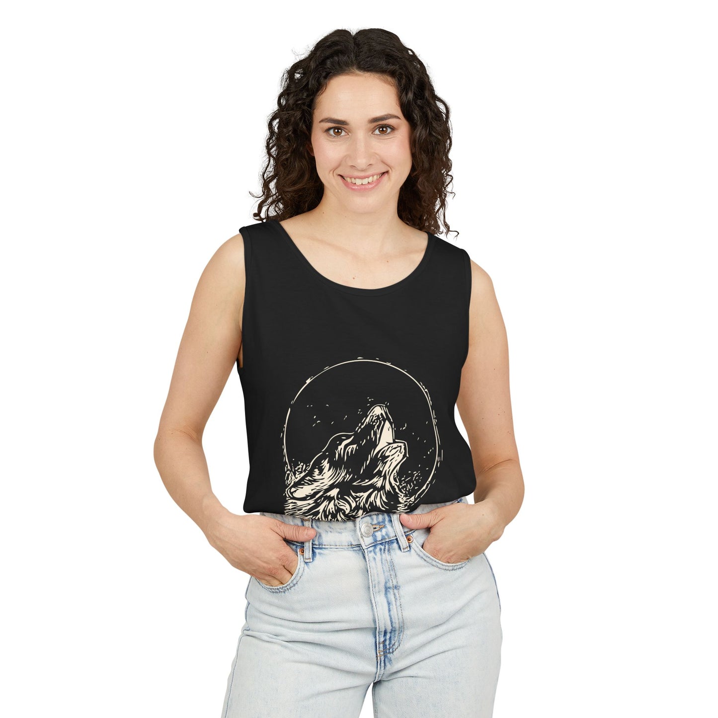 Howling Wolf Unisex Garment-Dyed Tank Top, Summer Style, Casual Wear, Gifts for Him, Athleisure, Relaxed Fit