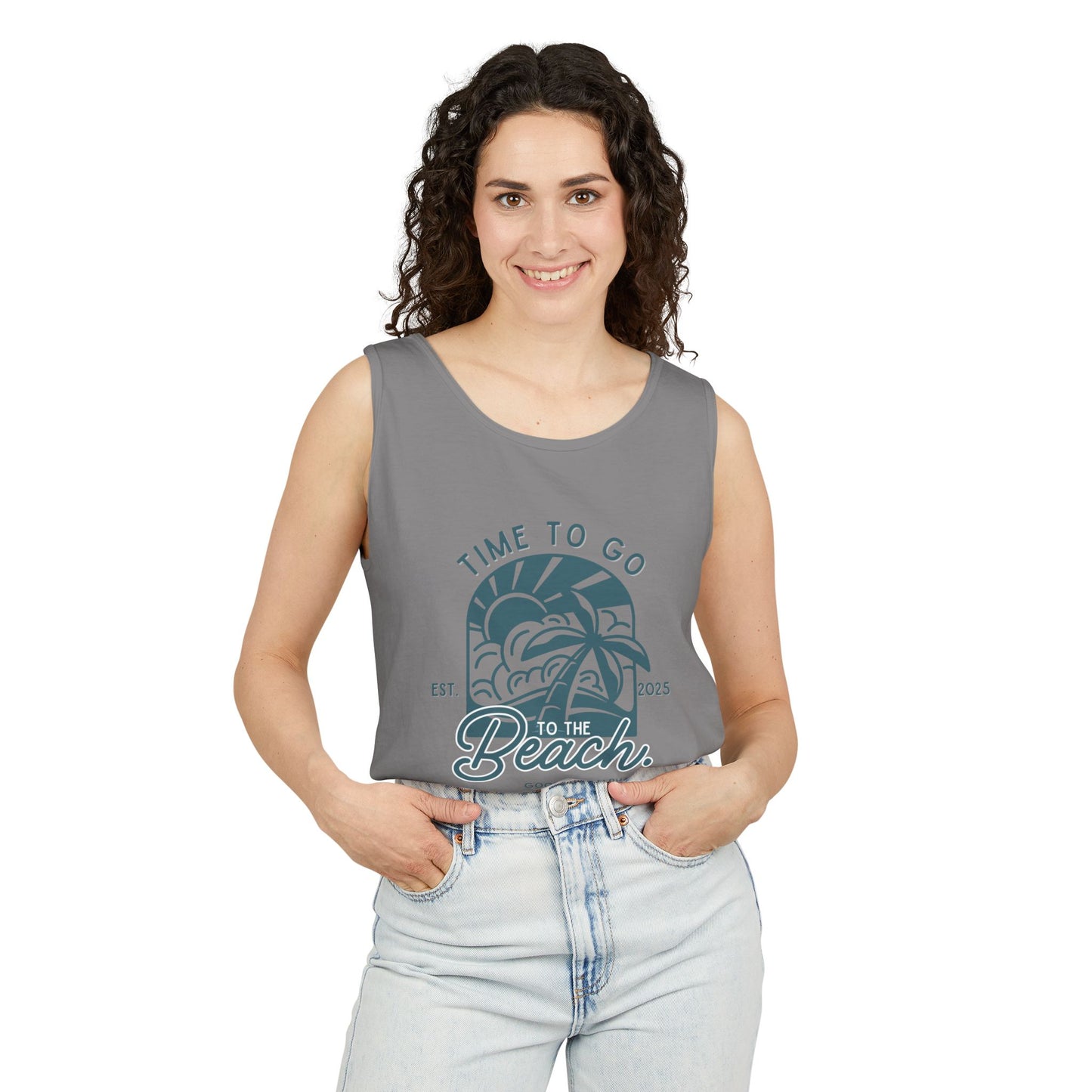 Beach Time (Teal) Unisex Garment-Dyed Tank Top – Summer Fit for Beach Days, Relaxed Casual Wear, Travel Outfit