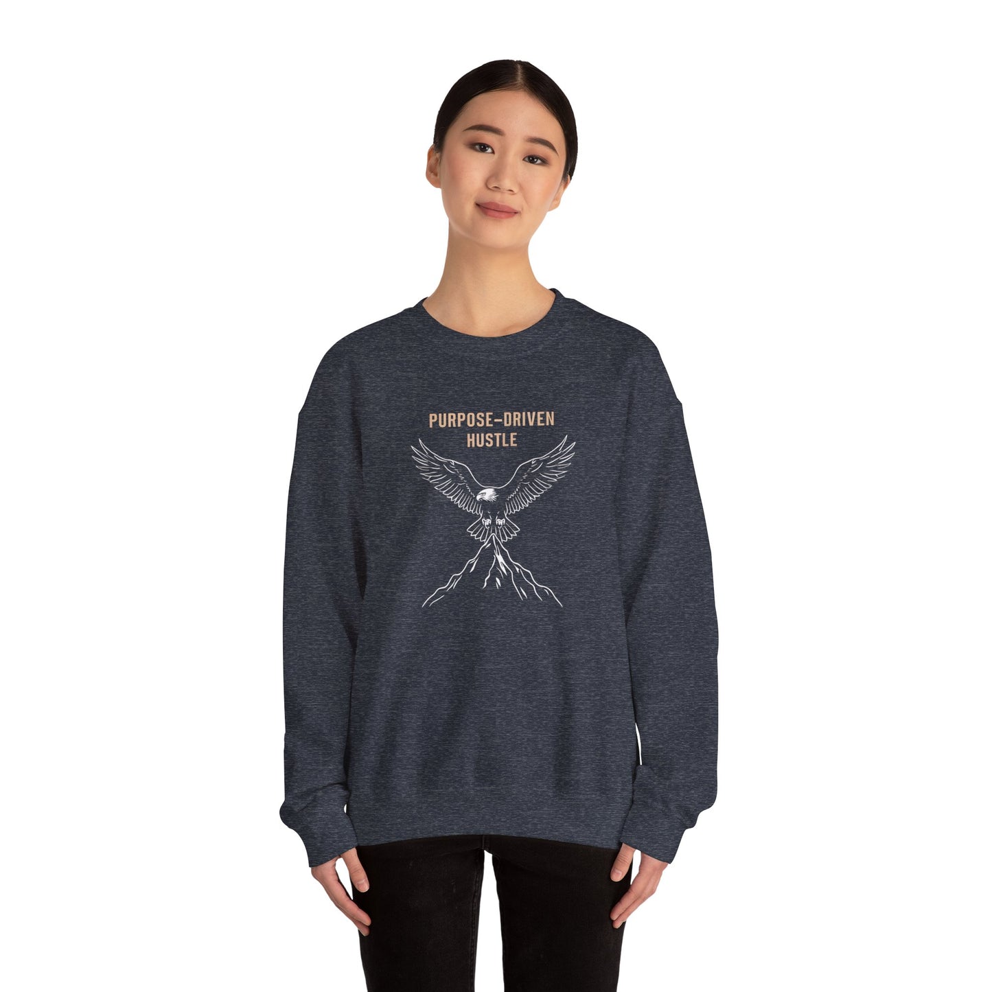 Purpose-Driven Hustle Crewneck Sweatshirt – Eagle on Summit Design, Heavyweight Cotton Blend, Durable & Warm Fleece