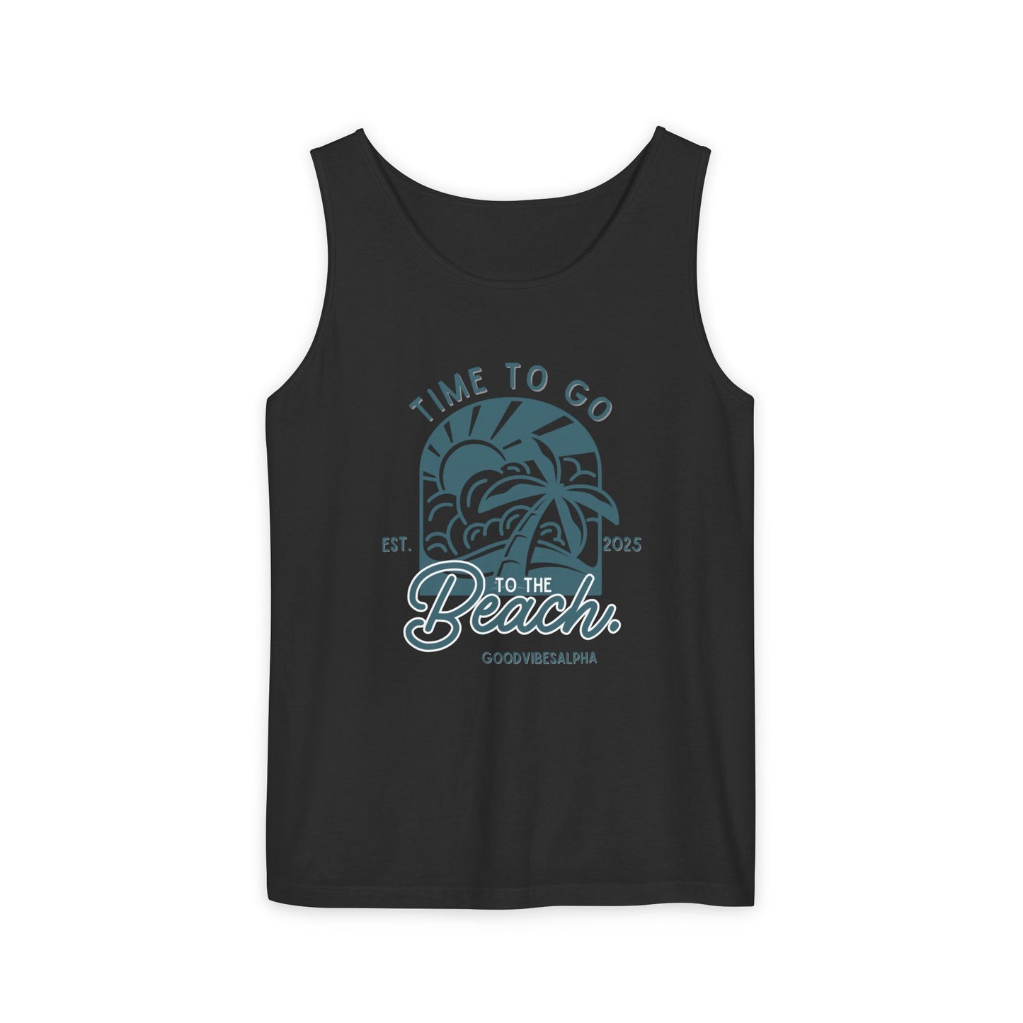 Beach Time (Teal) Unisex Garment-Dyed Tank Top – Summer Fit for Beach Days, Relaxed Casual Wear, Travel Outfit