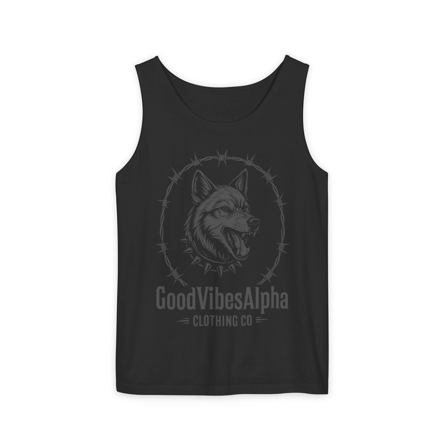 Good Vibes Alpha Wolf (Grey) Unisex Garment-Dyed Tank Top – Casual Wear, Gifts for Him, Athleisure, Relaxed Fit