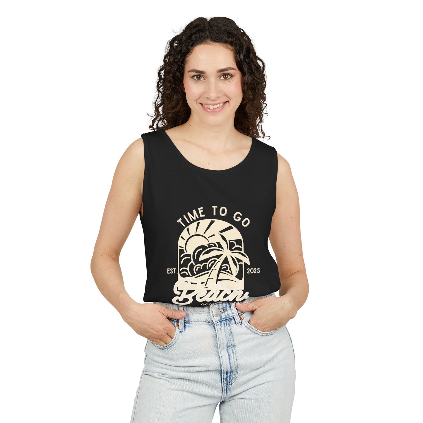 Beach Time (Ivory) Unisex Garment-Dyed Tank Top – Summer Fit for Beach Days, Relaxed Casual Wear, Travel Outfit