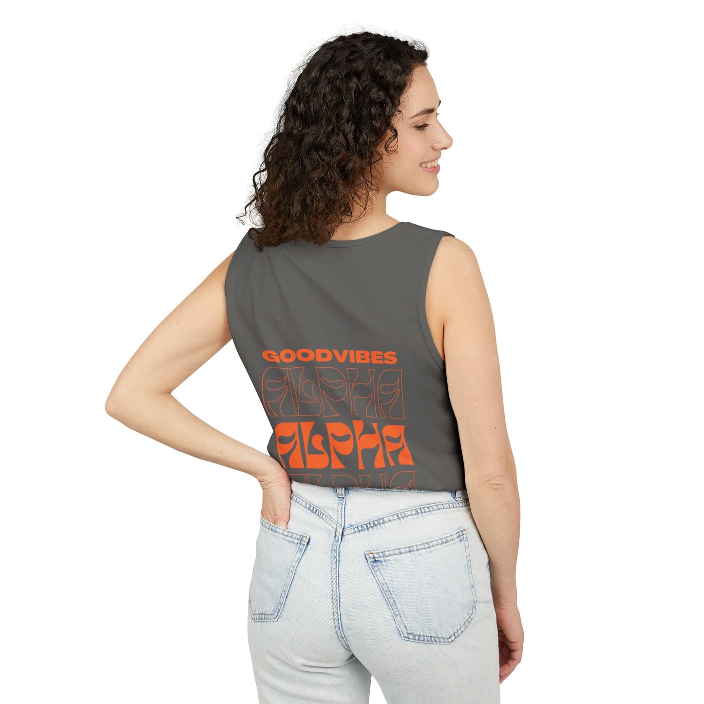 Good Vibes Alpha Orange Unisex Garment-Dyed Tank Top – Summer Style, Casual Wear, Gifts for Him, Athleisure, Relaxed Fit