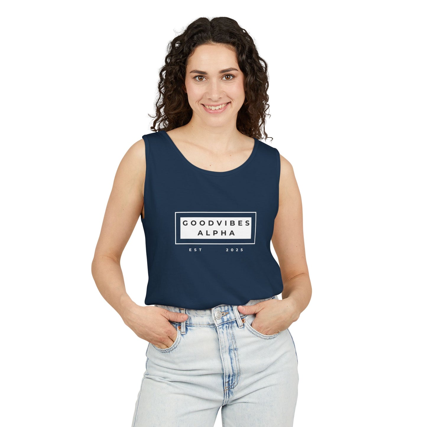 Good Vibes Alpha ESTD25 Unisex Garment-Dyed Tank Top – Summer Style, Casual Wear, Gifts for Him, Athleisure, Relaxed Fit