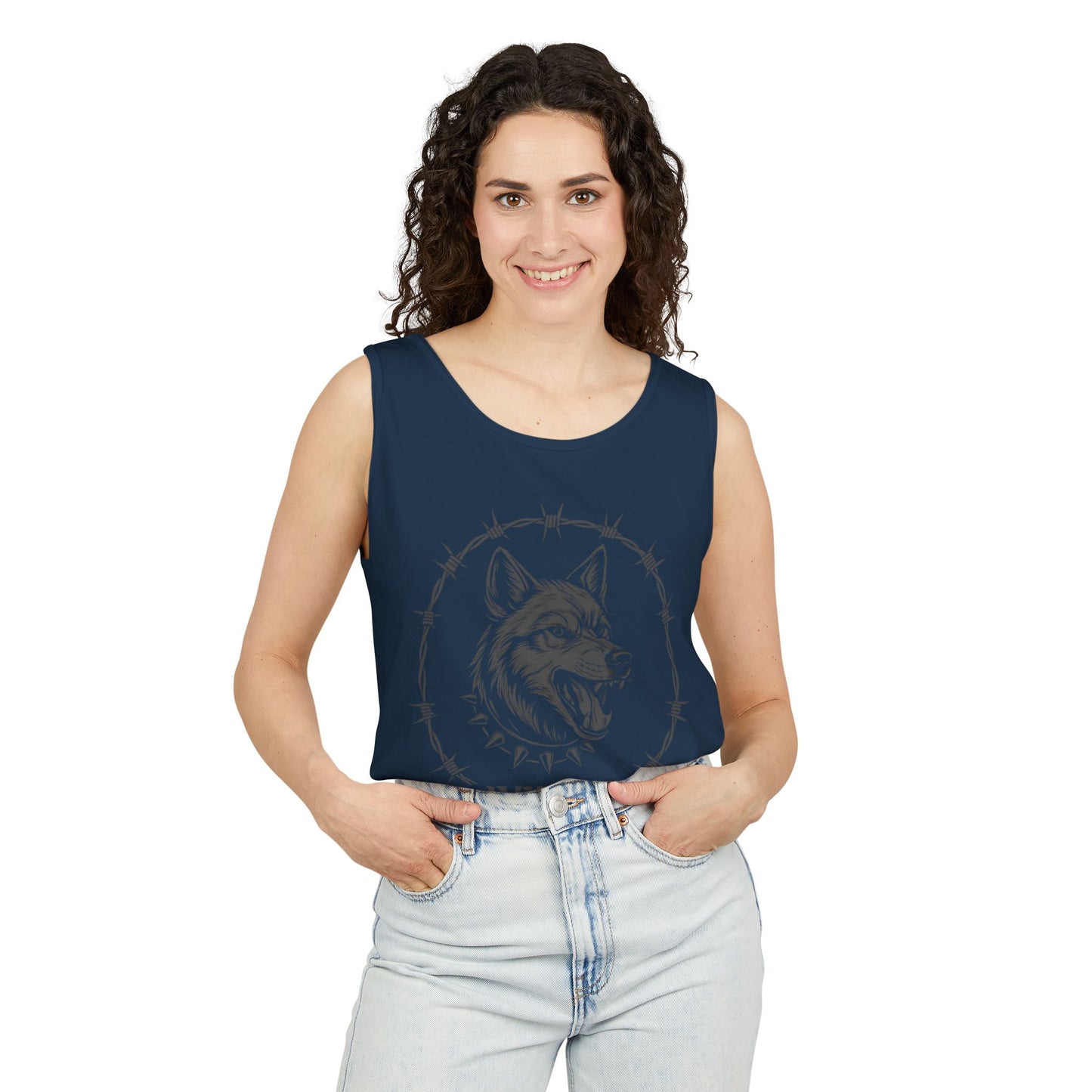 Good Vibes Alpha Wolf (Grey) Unisex Garment-Dyed Tank Top – Casual Wear, Gifts for Him, Athleisure, Relaxed Fit