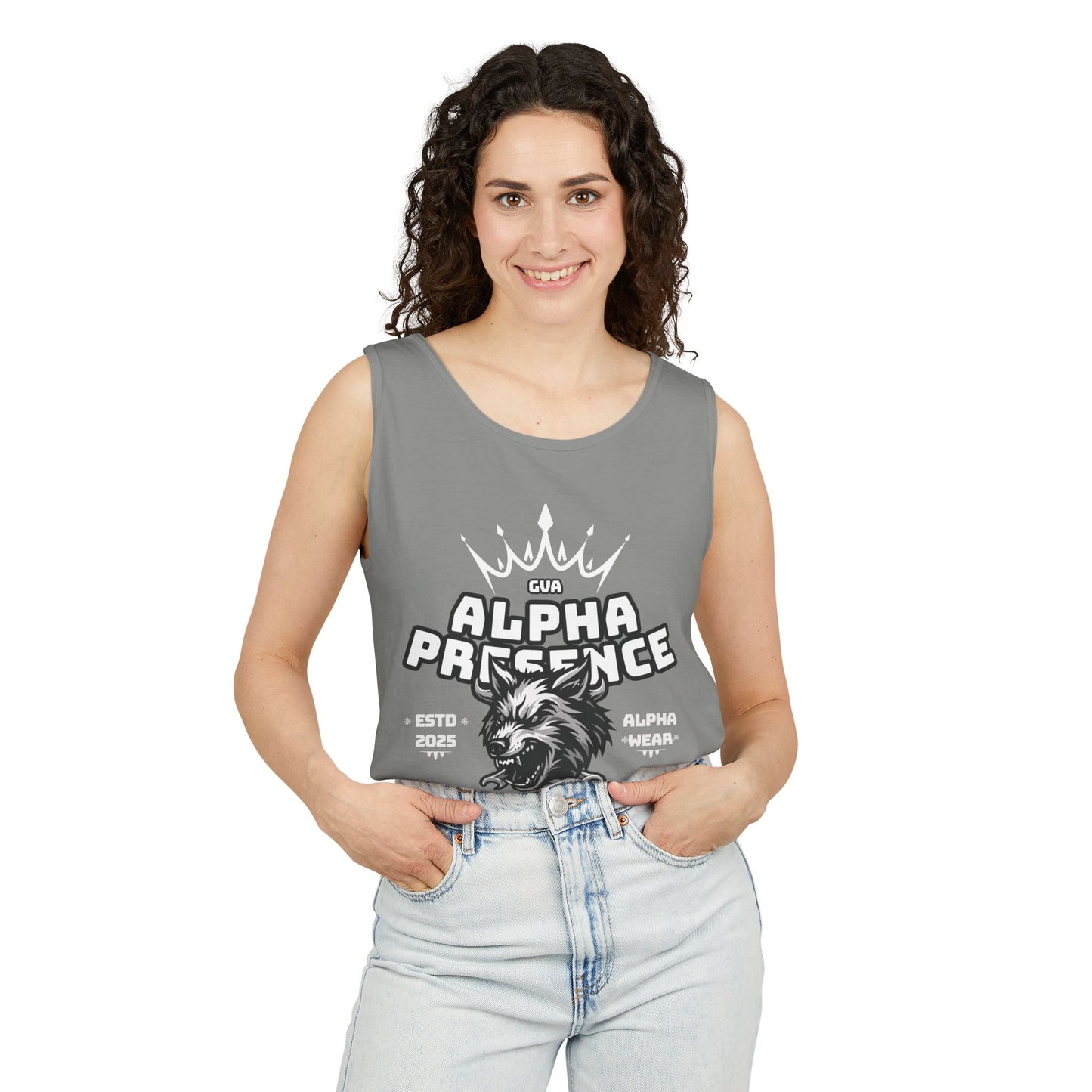 Alpha Presence (Wolf) Unisex Garment-Dyed Tank Top – Summer Style, Casual Wear, Gifts for Him, Athleisure, Relaxed Fit