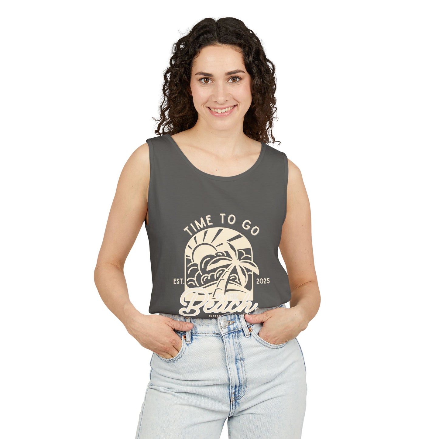 Beach Time (Ivory) Unisex Garment-Dyed Tank Top – Summer Fit for Beach Days, Relaxed Casual Wear, Travel Outfit