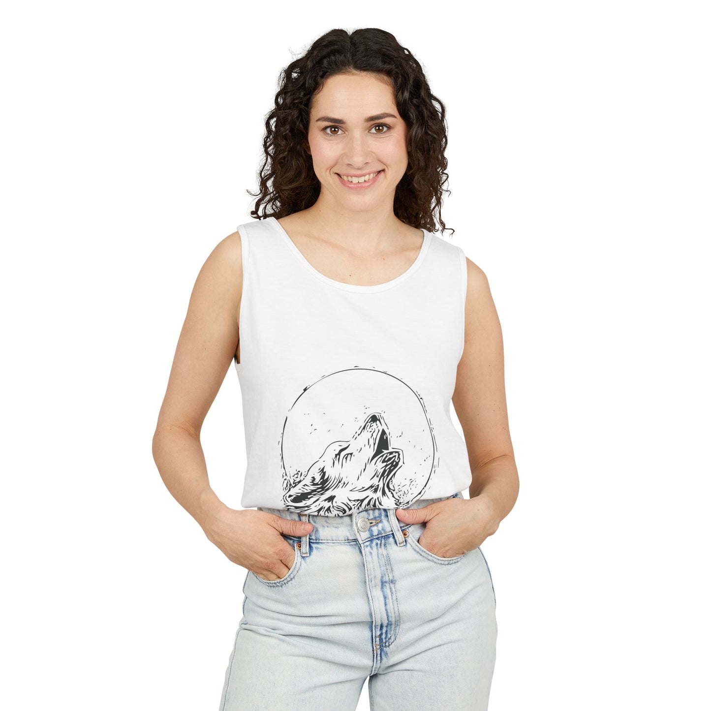 Howling Wolf (Black) Unisex Garment-Dyed Tank Top, Summer Style, Casual Wear, Gifts for Him, Athleisure, Relaxed Fit