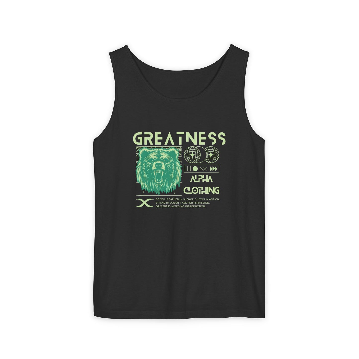 Greatness (Green) Unisex Garment-Dyed Tank Top, Summer Style, Casual Wear, Gifts for Him, Athleisure, Relaxed Fit