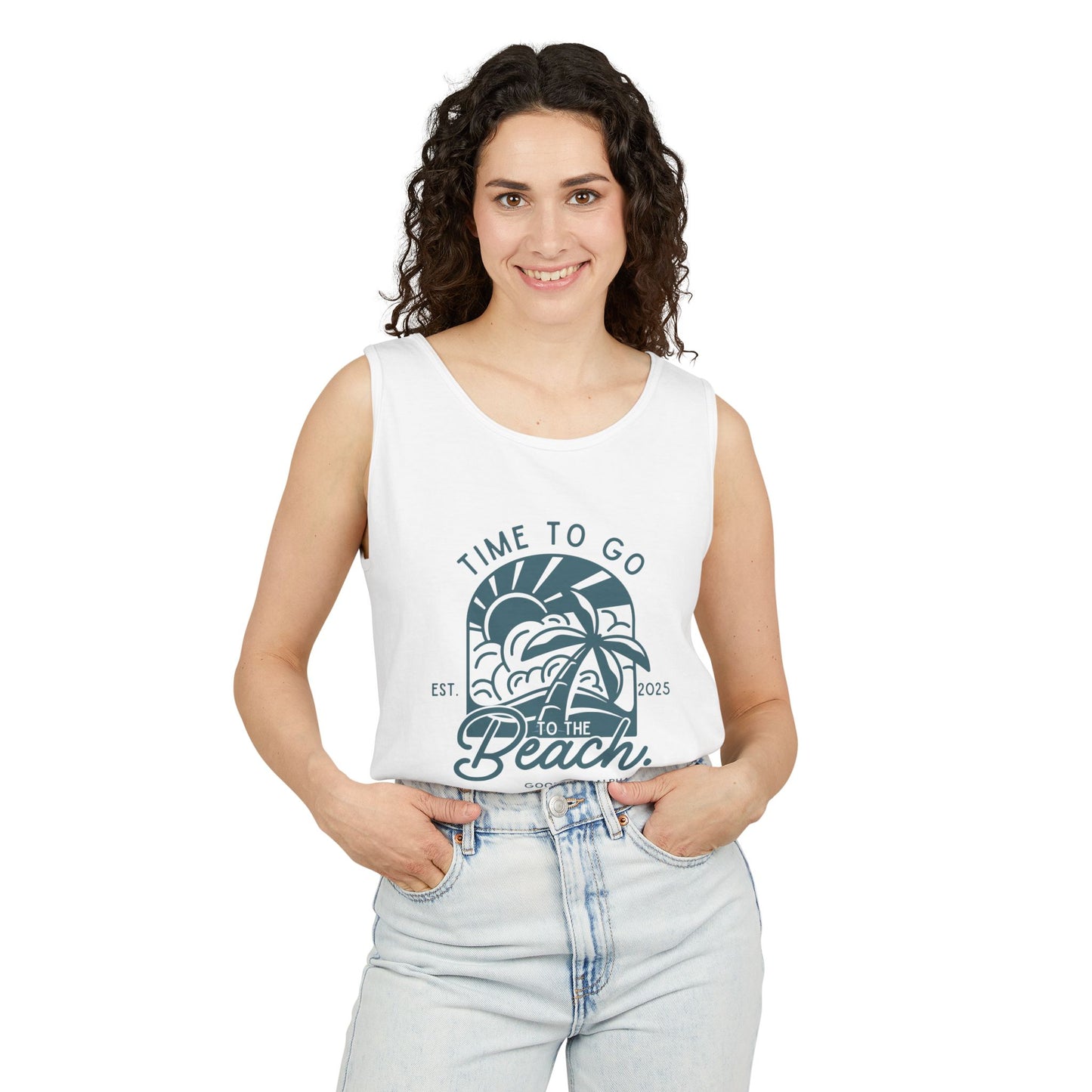 Beach Time (Teal) Unisex Garment-Dyed Tank Top – Summer Fit for Beach Days, Relaxed Casual Wear, Travel Outfit