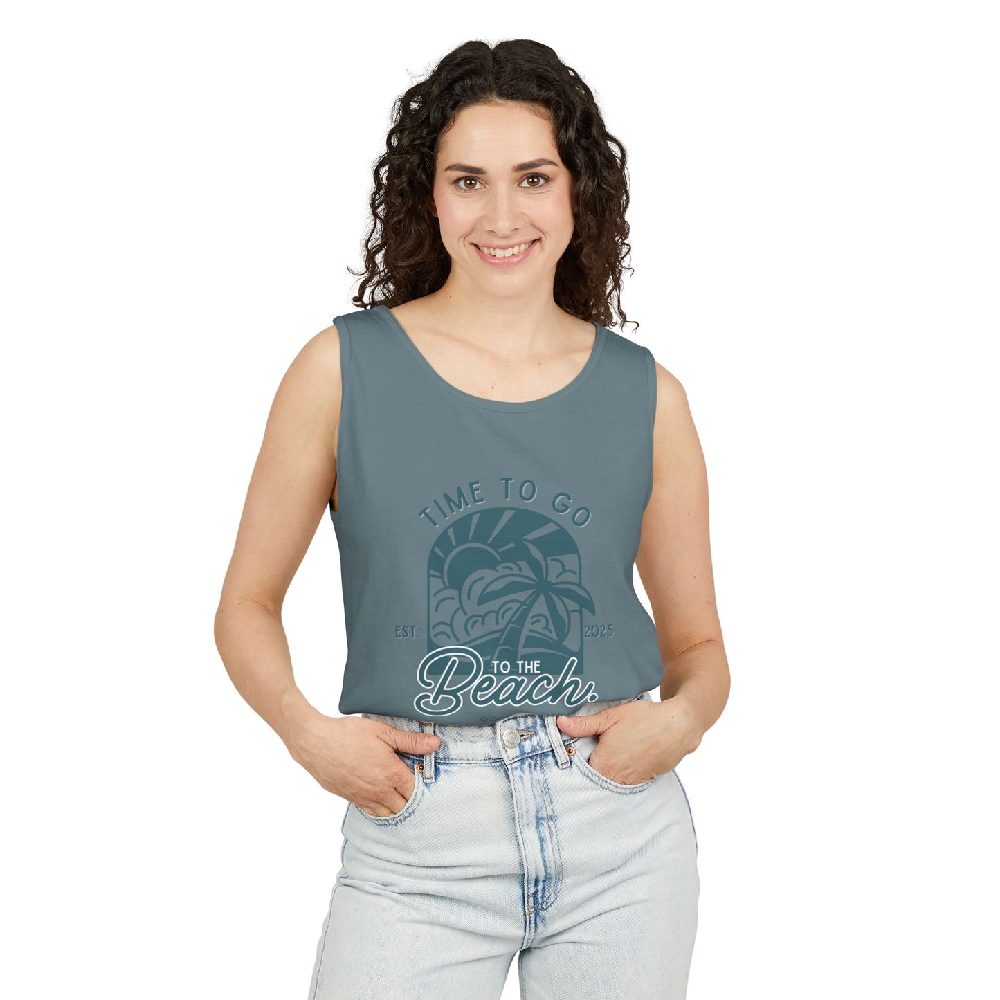 Beach Time (Teal) Unisex Garment-Dyed Tank Top – Summer Fit for Beach Days, Relaxed Casual Wear, Travel Outfit