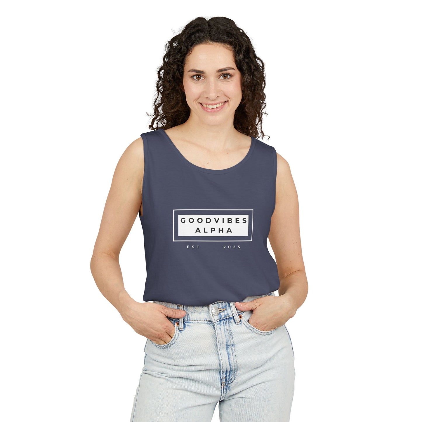 Good Vibes Alpha ESTD25 Unisex Garment-Dyed Tank Top – Summer Style, Casual Wear, Gifts for Him, Athleisure, Relaxed Fit