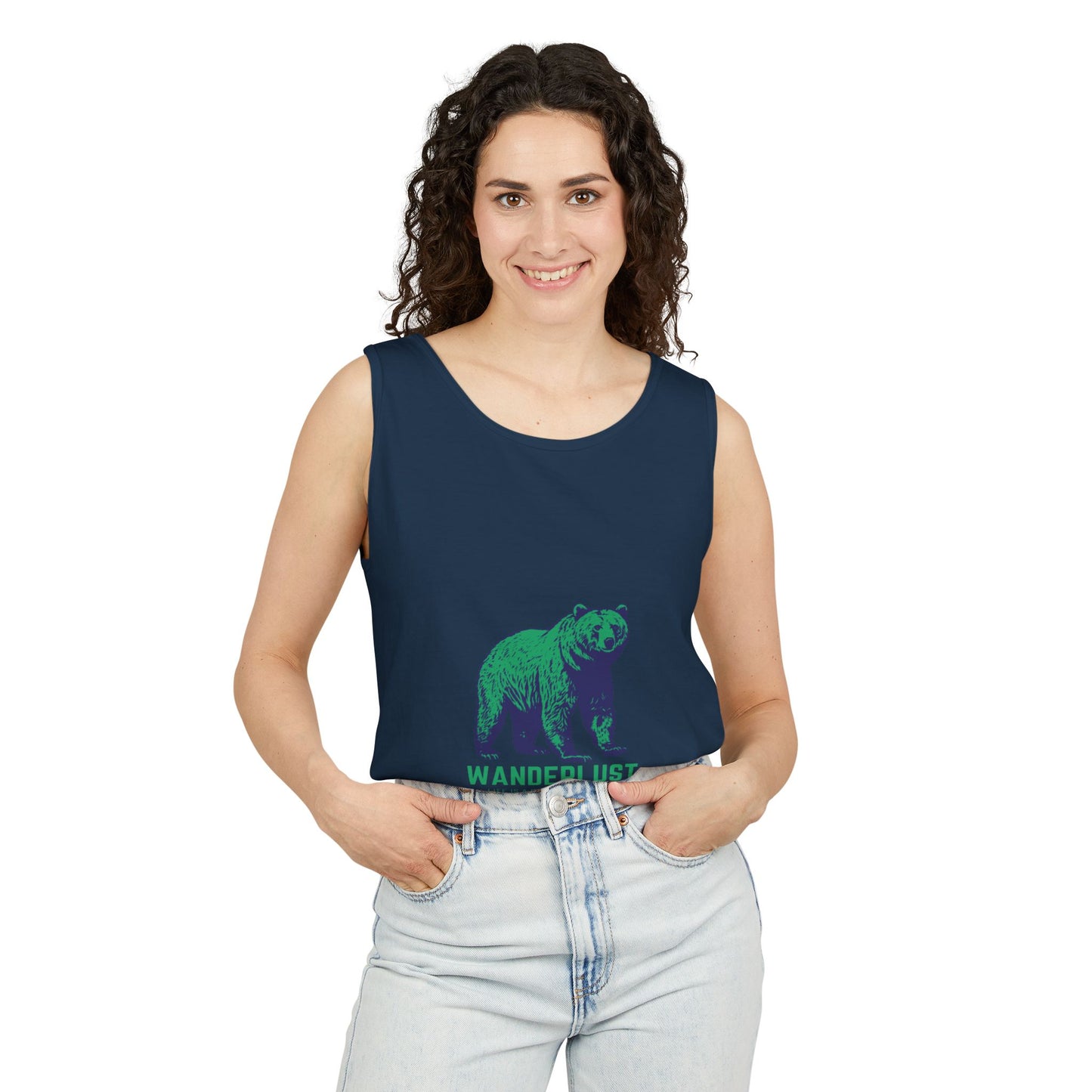 Wanderlust (Green) Unisex Garment-Dyed Tank Top, Summer Style, Casual Wear, Gifts for Him, Athleisure, Relaxed Fit