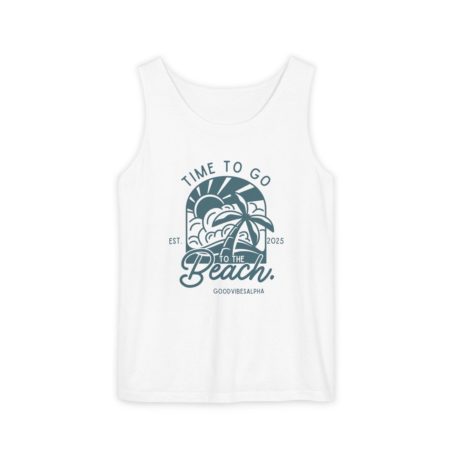 Beach Time (Teal) Unisex Garment-Dyed Tank Top – Summer Fit for Beach Days, Relaxed Casual Wear, Travel Outfit