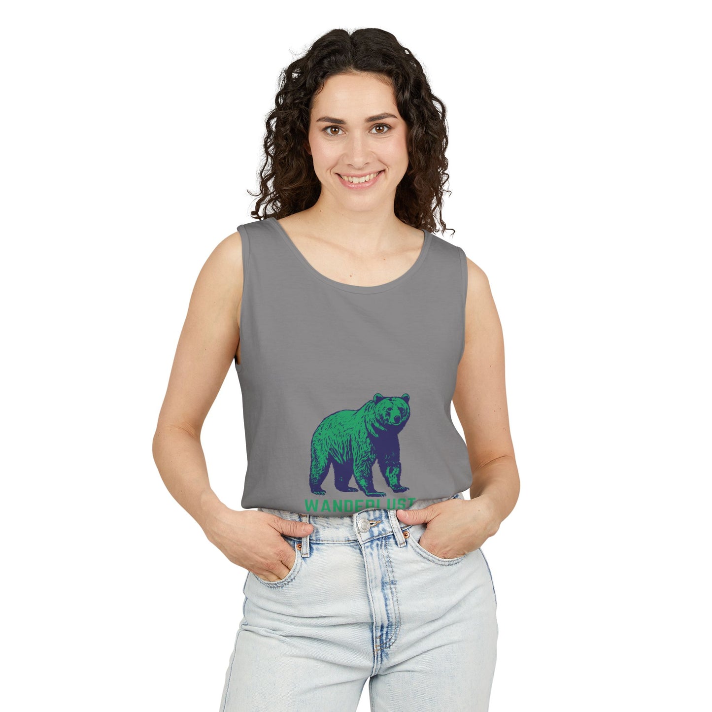 Wanderlust (Green) Unisex Garment-Dyed Tank Top, Summer Style, Casual Wear, Gifts for Him, Athleisure, Relaxed Fit