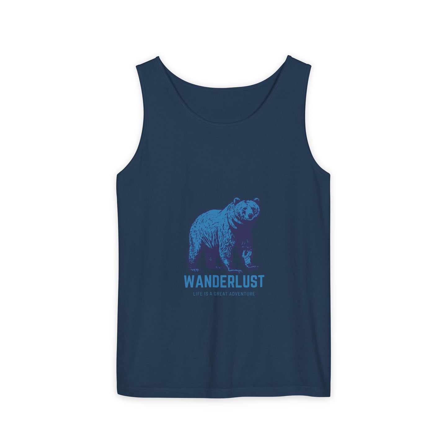 Wanderlust (Blue) Unisex Garment-Dyed Tank Top, Summer Style, Casual Wear, Gifts for Him, Athleisure, Relaxed Fit