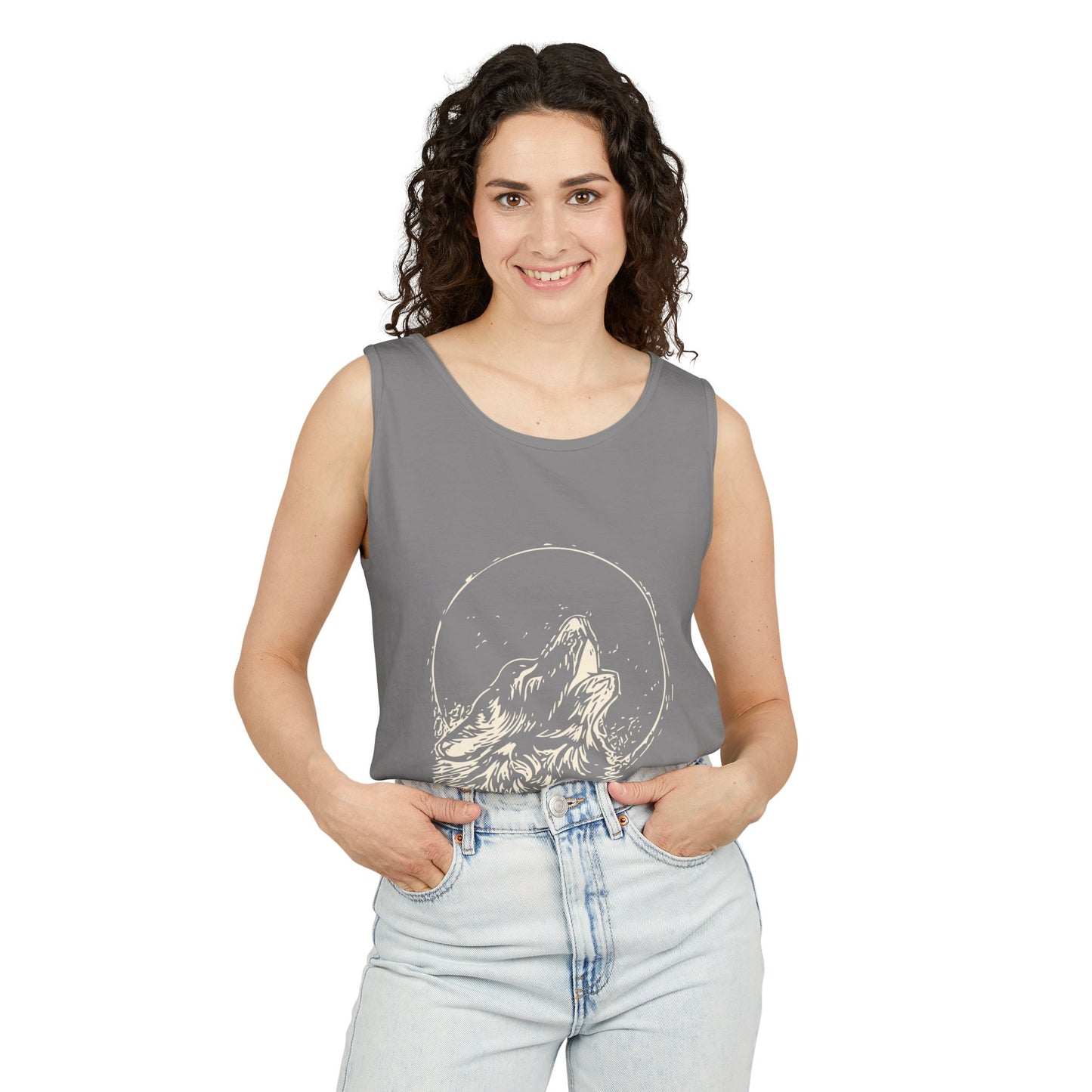 Howling Wolf Unisex Garment-Dyed Tank Top, Summer Style, Casual Wear, Gifts for Him, Athleisure, Relaxed Fit