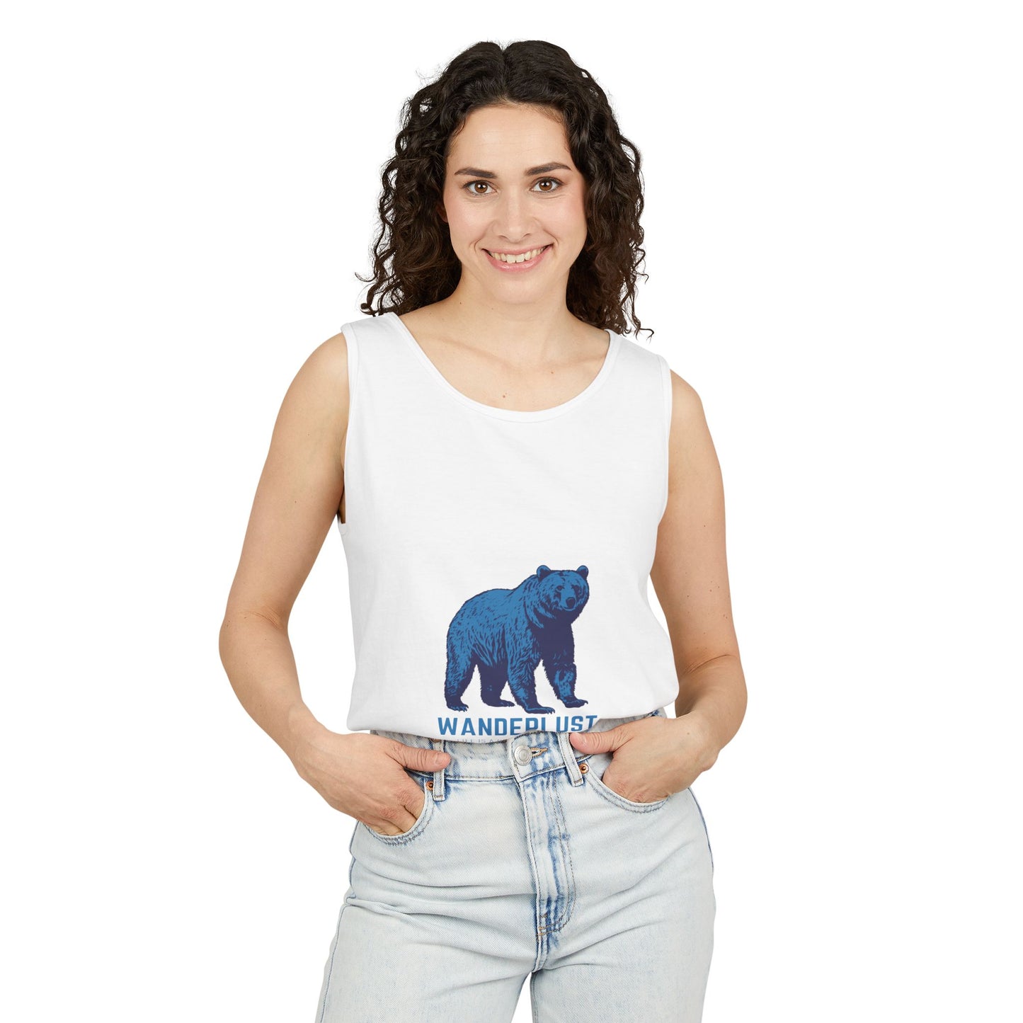 Wanderlust (Blue) Unisex Garment-Dyed Tank Top, Summer Style, Casual Wear, Gifts for Him, Athleisure, Relaxed Fit
