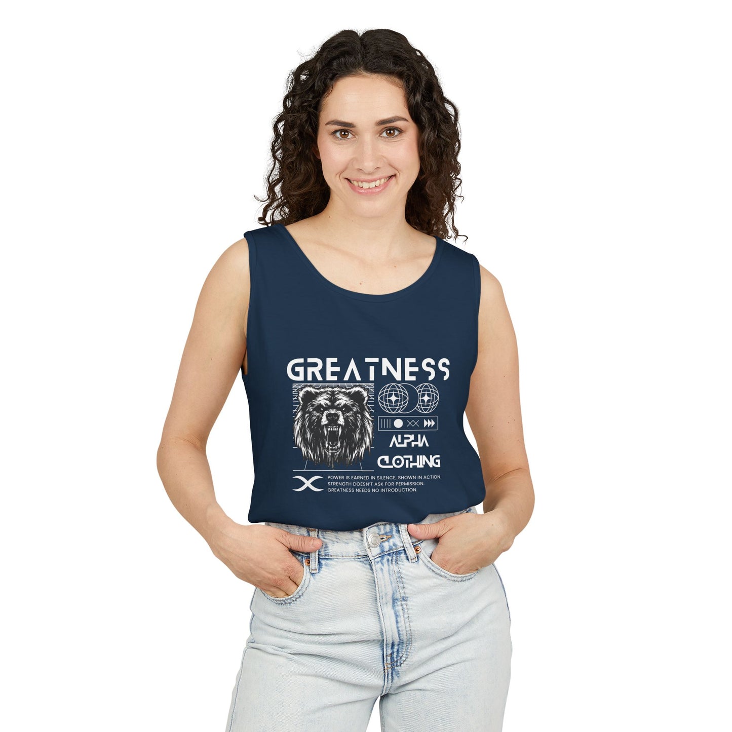 Greatness (White) Unisex Garment-Dyed Tank Top, Summer Style, Casual Wear, Gifts for Him, Athleisure, Relaxed Fit