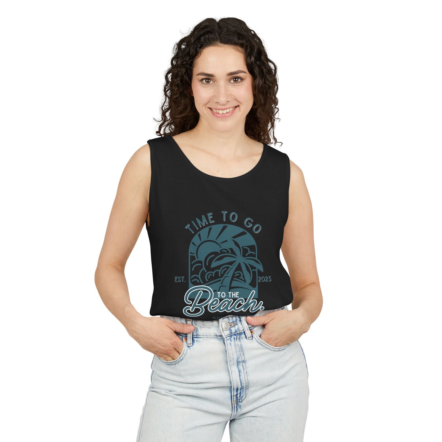 Beach Time (Teal) Unisex Garment-Dyed Tank Top – Summer Fit for Beach Days, Relaxed Casual Wear, Travel Outfit