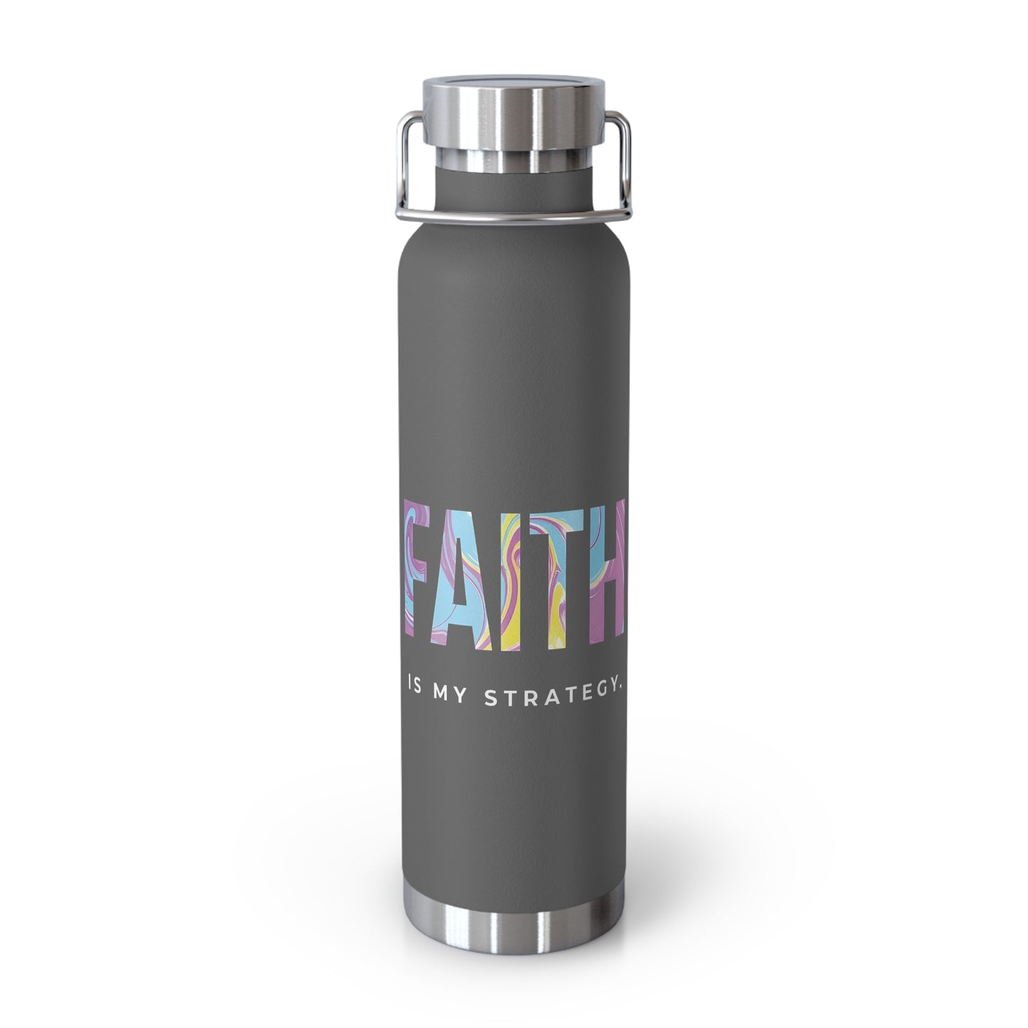 Faith Is My Strategy Insulated Water Bottle β Copper Vacuum 22oz Stainless Steel Bottle with Motivational Design for Hot & Cold Drinks
