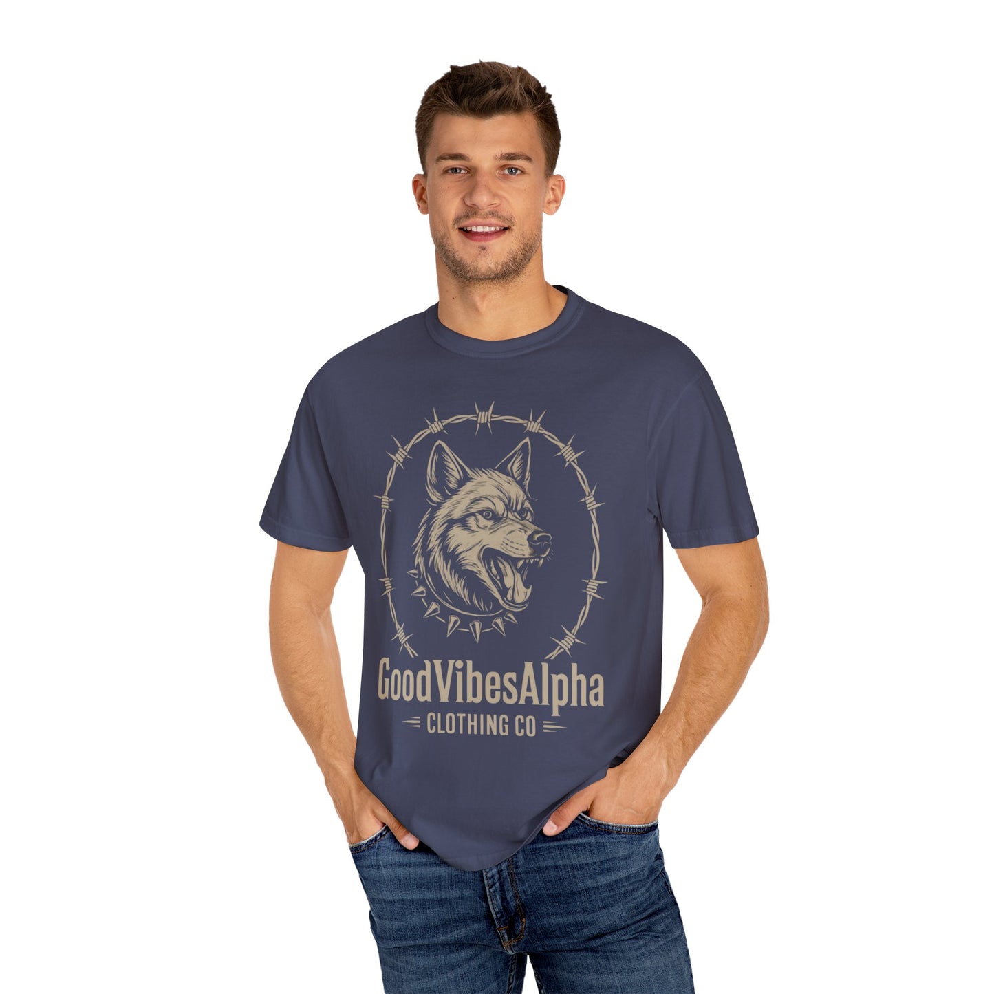 Good Vibes Alpha Wolf Unisex Garment-Dyed T-Shirt – Casual Everyday Fit, Streetwear Vibes, Soft Cotton