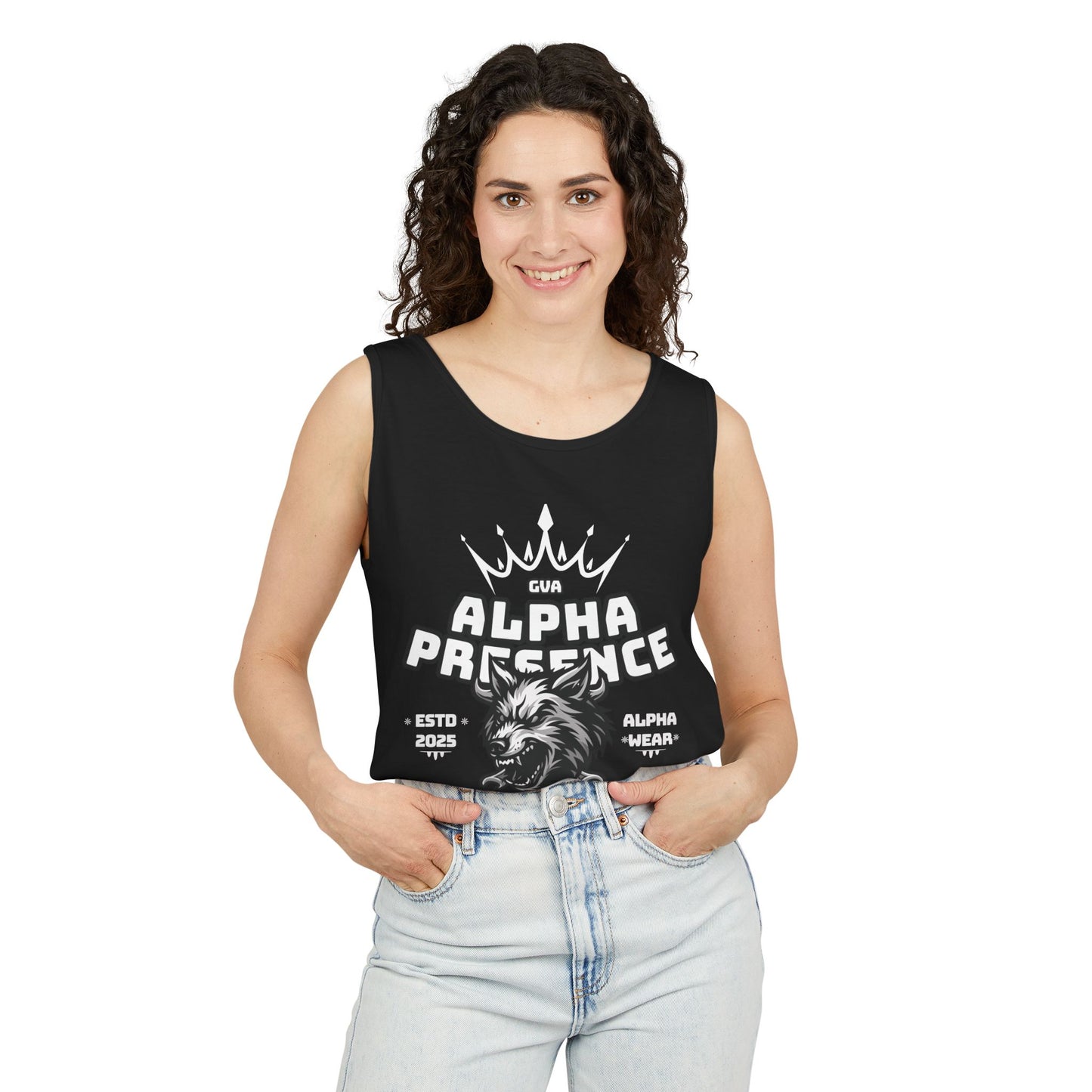 Alpha Presence (Wolf) Unisex Garment-Dyed Tank Top – Summer Style, Casual Wear, Gifts for Him, Athleisure, Relaxed Fit