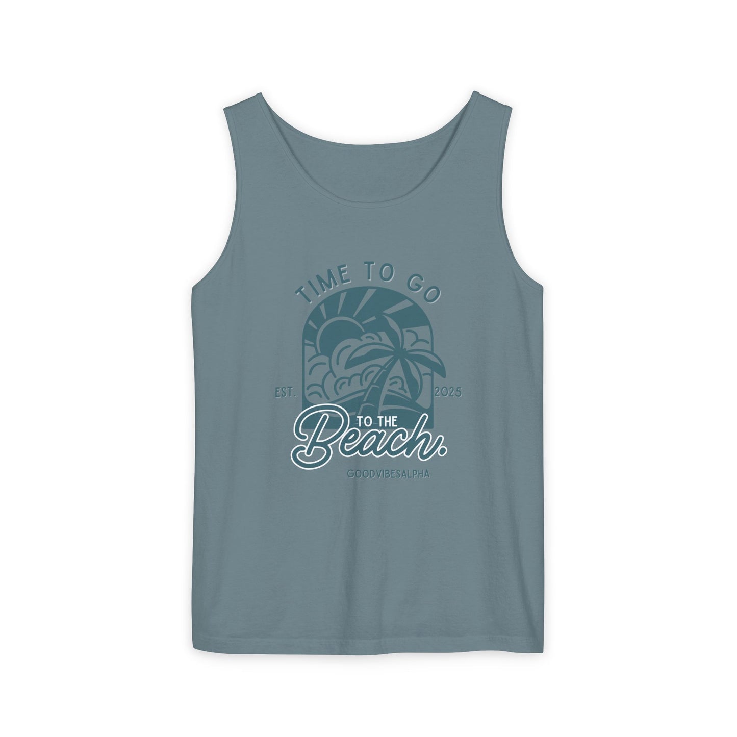 Beach Time (Teal) Unisex Garment-Dyed Tank Top – Summer Fit for Beach Days, Relaxed Casual Wear, Travel Outfit