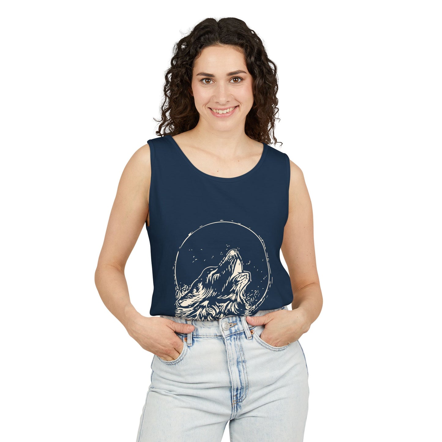 Howling Wolf Unisex Garment-Dyed Tank Top, Summer Style, Casual Wear, Gifts for Him, Athleisure, Relaxed Fit
