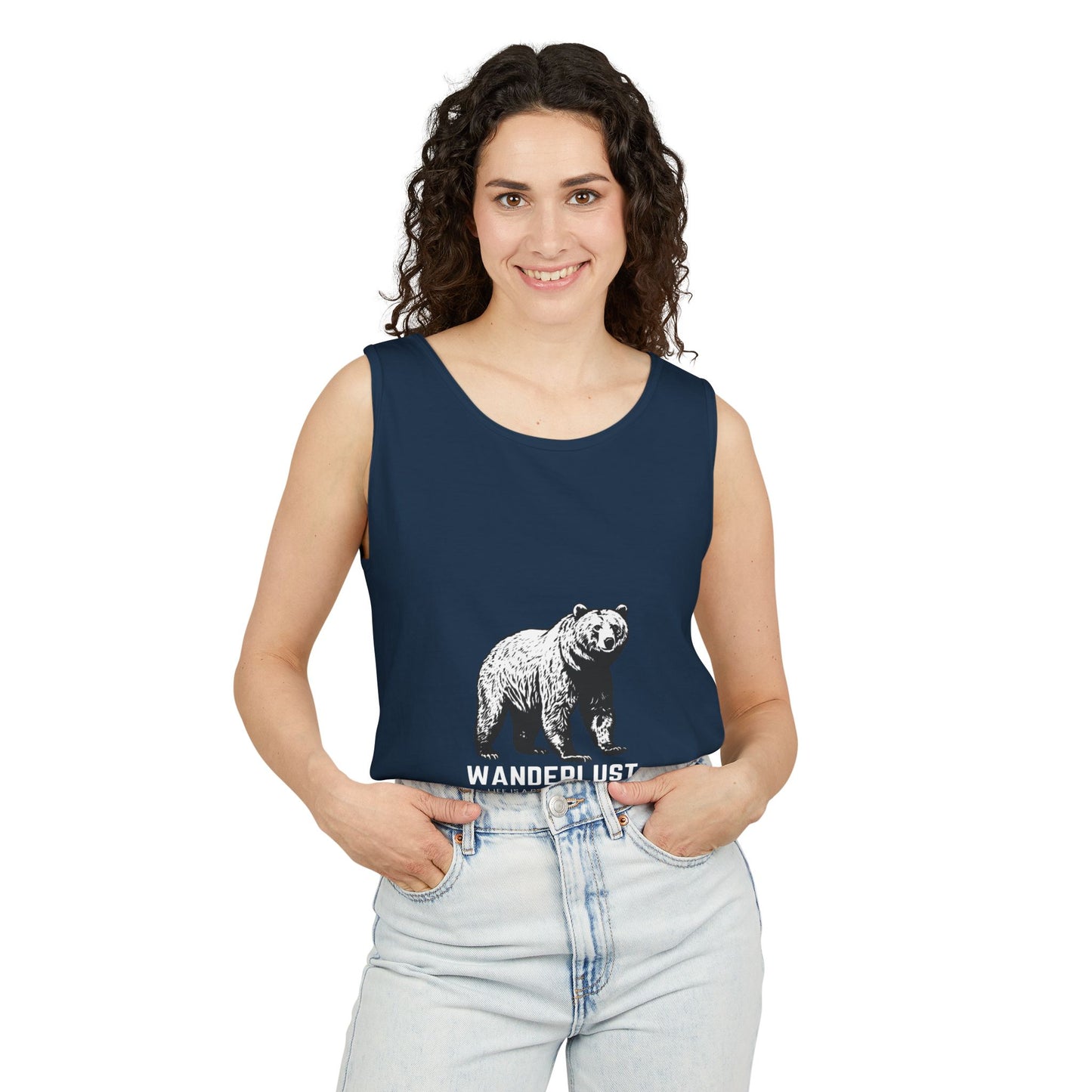 Wanderlust (Black) Unisex Garment-Dyed Tank Top, Summer Style, Casual Wear, Gifts for Him, Athleisure, Relaxed Fit