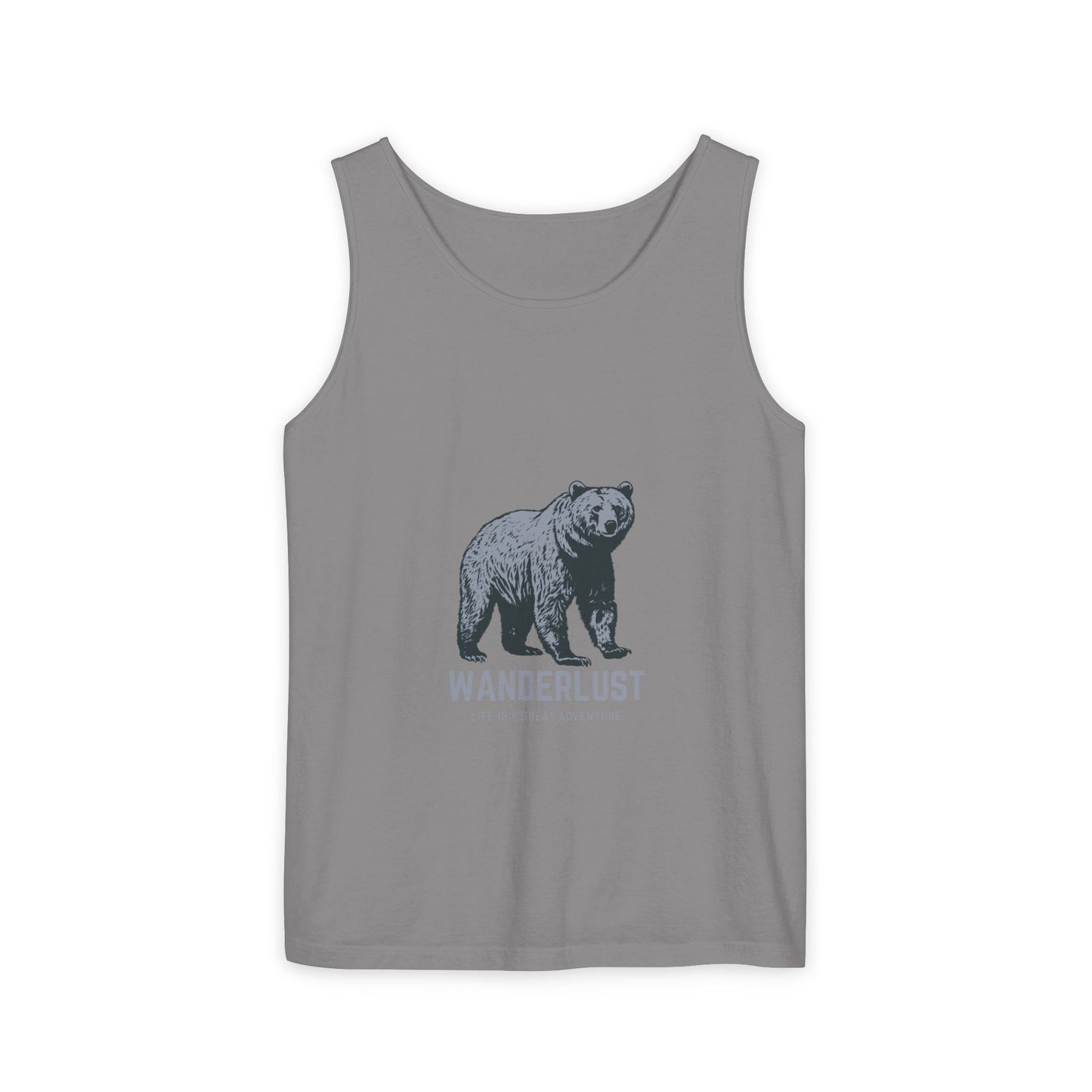 Wanderlust (Grey) Unisex Garment-Dyed Tank Top, Summer Style, Casual Wear, Gifts for Him, Athleisure, Relaxed Fit