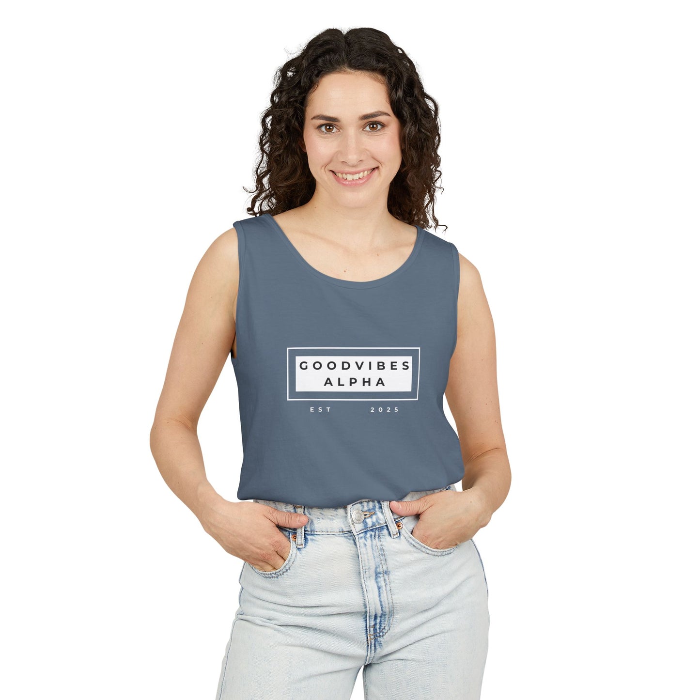 Good Vibes Alpha ESTD25 Unisex Garment-Dyed Tank Top – Summer Style, Casual Wear, Gifts for Him, Athleisure, Relaxed Fit