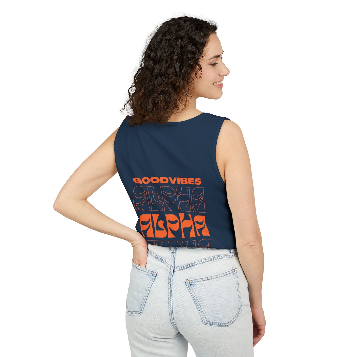 Good Vibes Alpha Orange Unisex Garment-Dyed Tank Top – Summer Style, Casual Wear, Gifts for Him, Athleisure, Relaxed Fit