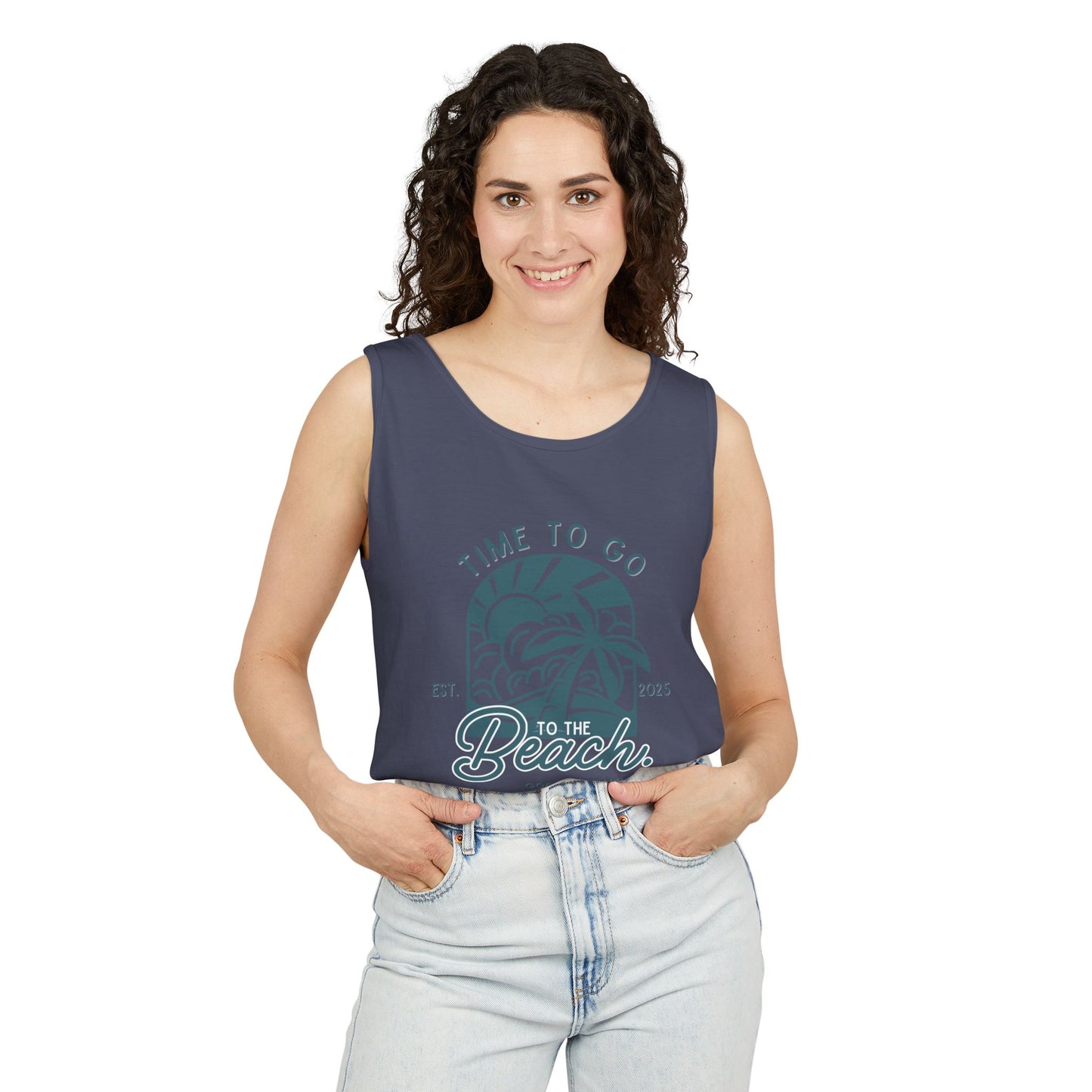 Beach Time (Teal) Unisex Garment-Dyed Tank Top – Summer Fit for Beach Days, Relaxed Casual Wear, Travel Outfit