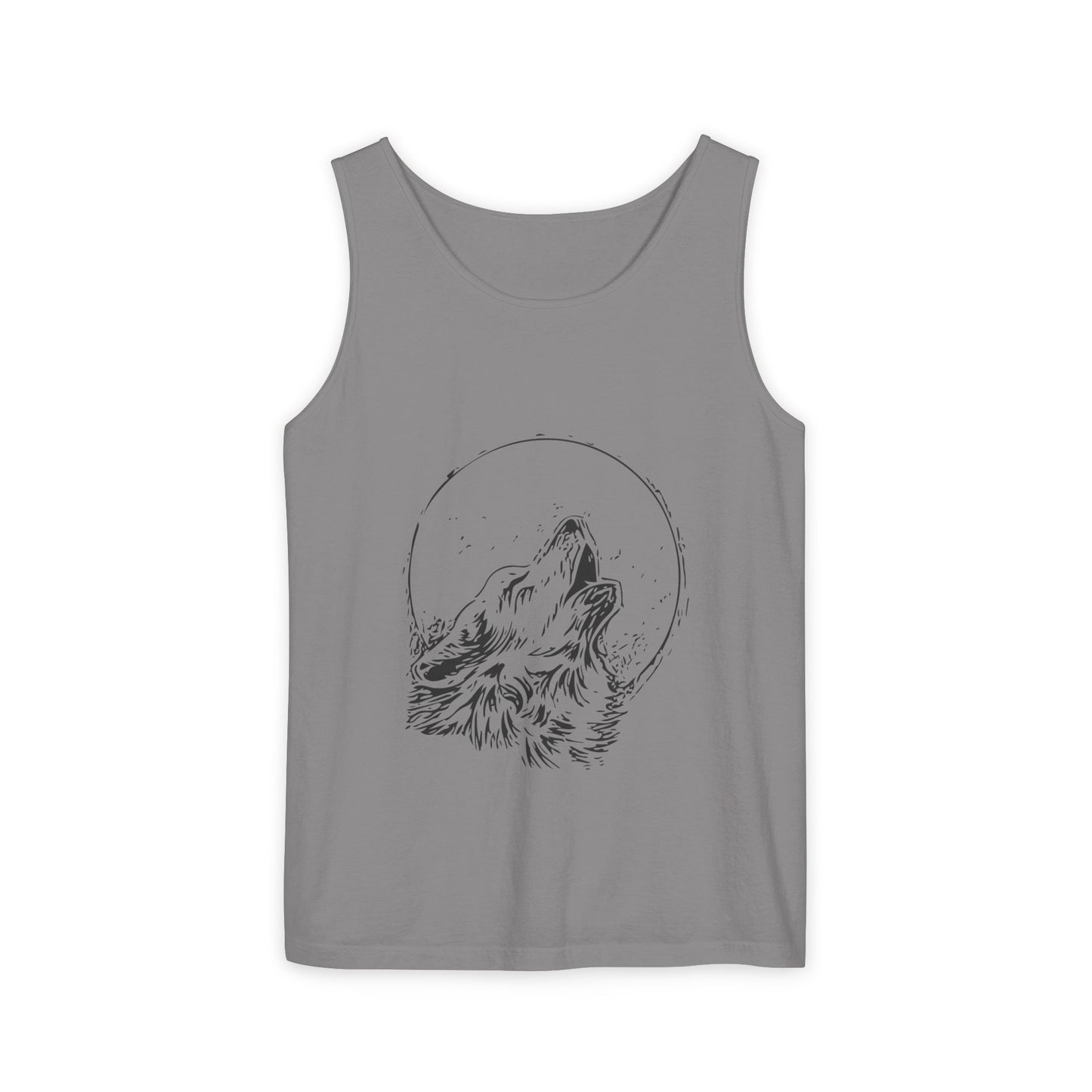 Howling Wolf (Black) Unisex Garment-Dyed Tank Top, Summer Style, Casual Wear, Gifts for Him, Athleisure, Relaxed Fit