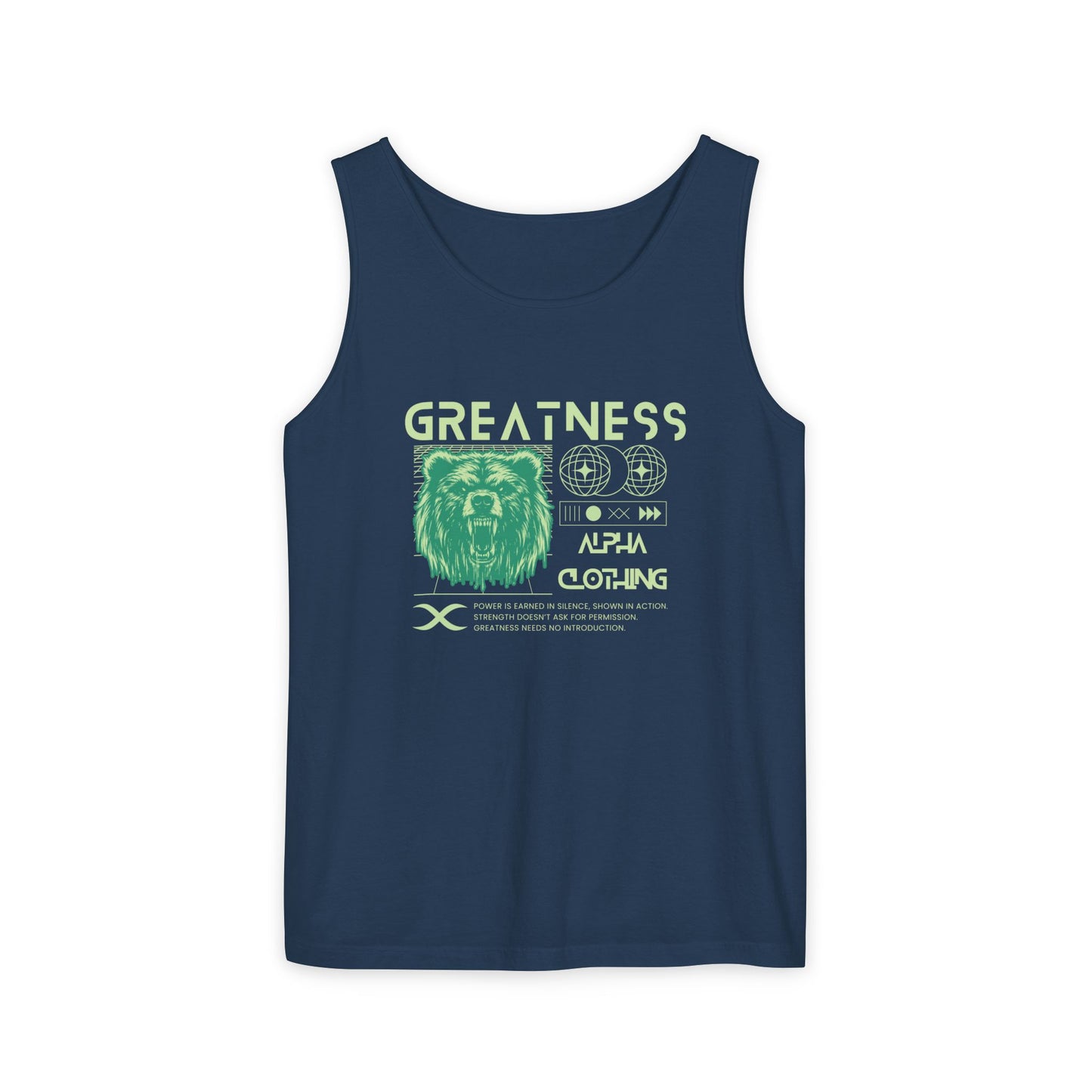 Greatness (Green) Unisex Garment-Dyed Tank Top, Summer Style, Casual Wear, Gifts for Him, Athleisure, Relaxed Fit
