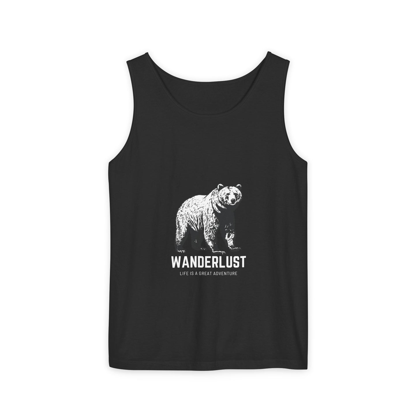 Wanderlust (Black) Unisex Garment-Dyed Tank Top, Summer Style, Casual Wear, Gifts for Him, Athleisure, Relaxed Fit