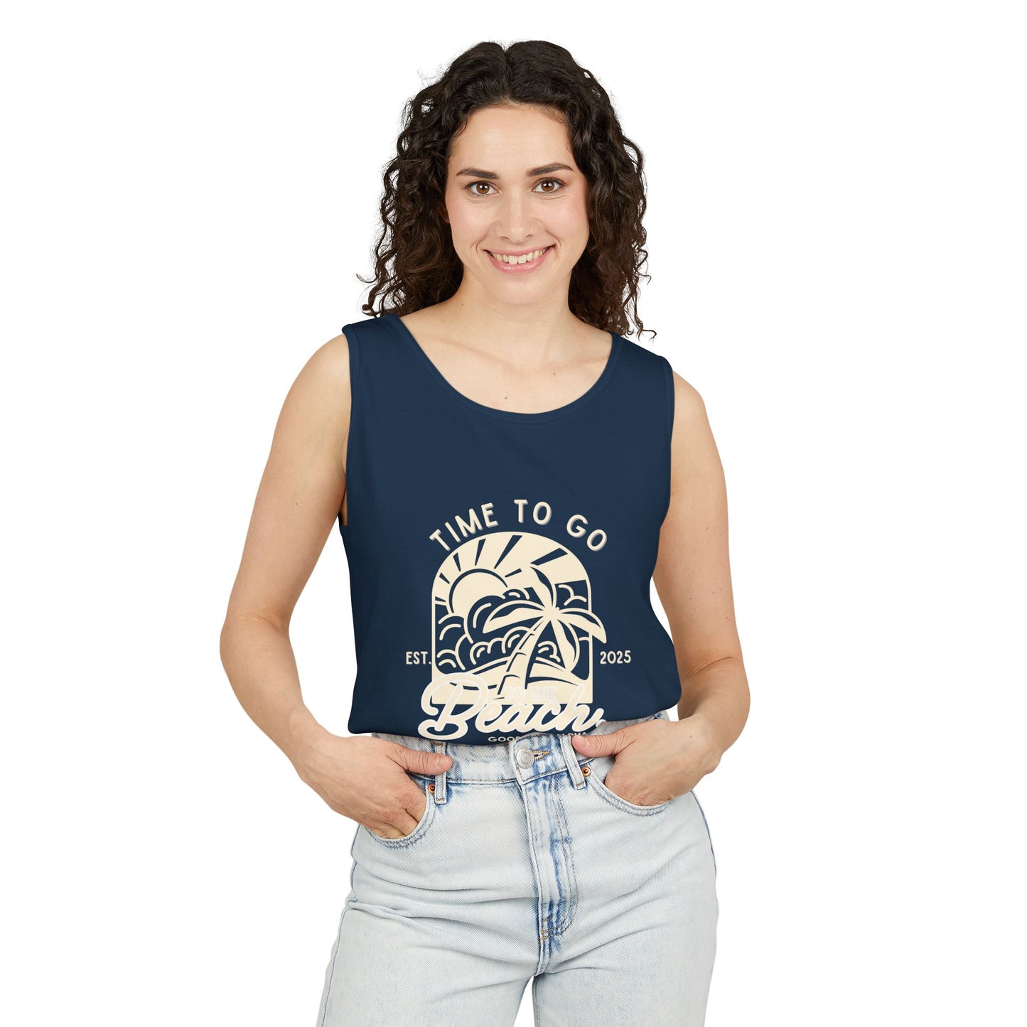 Beach Time (Ivory) Unisex Garment-Dyed Tank Top – Summer Fit for Beach Days, Relaxed Casual Wear, Travel Outfit