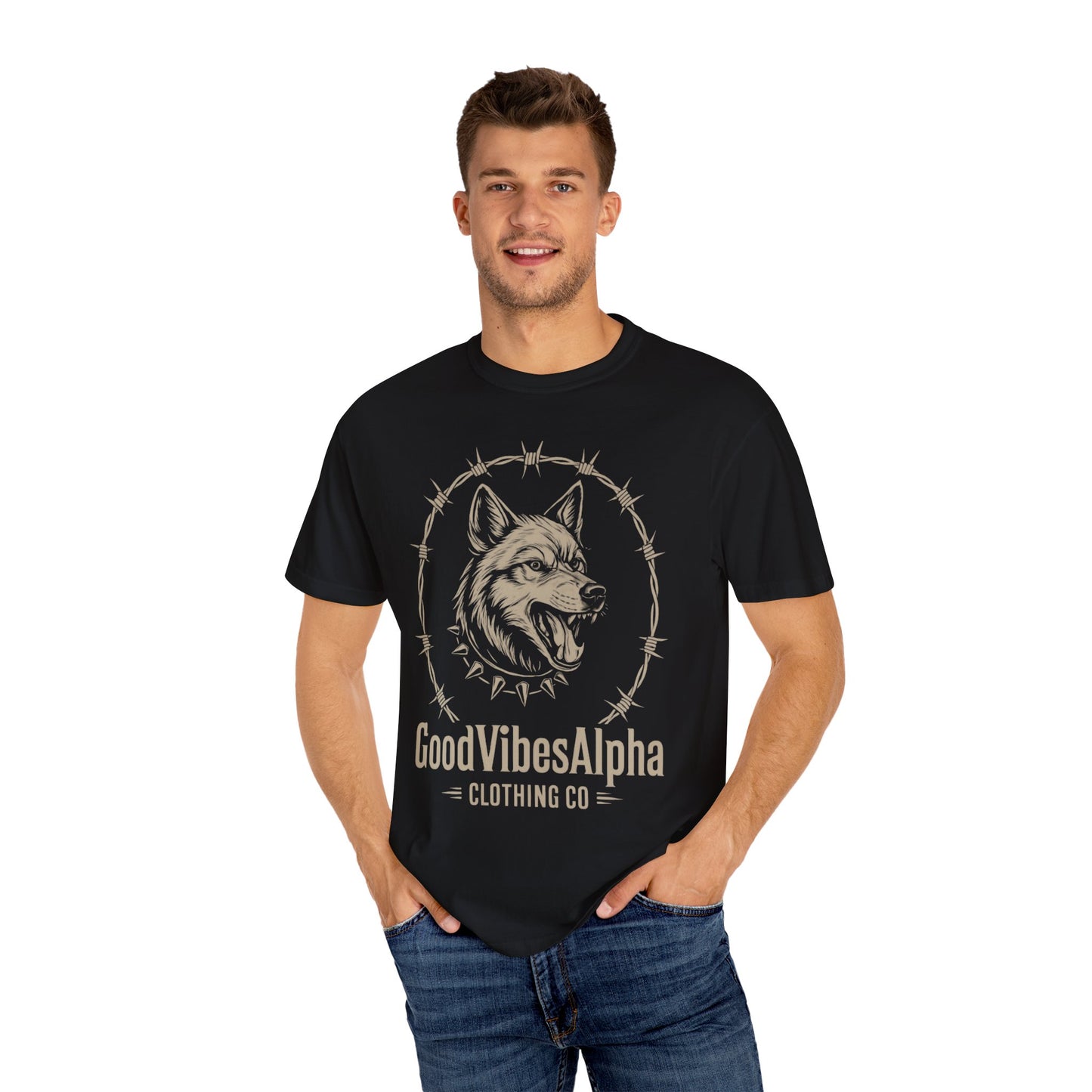 Good Vibes Alpha Wolf Unisex Garment-Dyed T-Shirt – Casual Everyday Fit, Streetwear Vibes, Soft Cotton