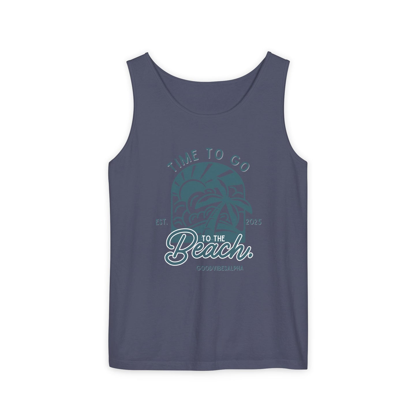 Beach Time (Teal) Unisex Garment-Dyed Tank Top – Summer Fit for Beach Days, Relaxed Casual Wear, Travel Outfit