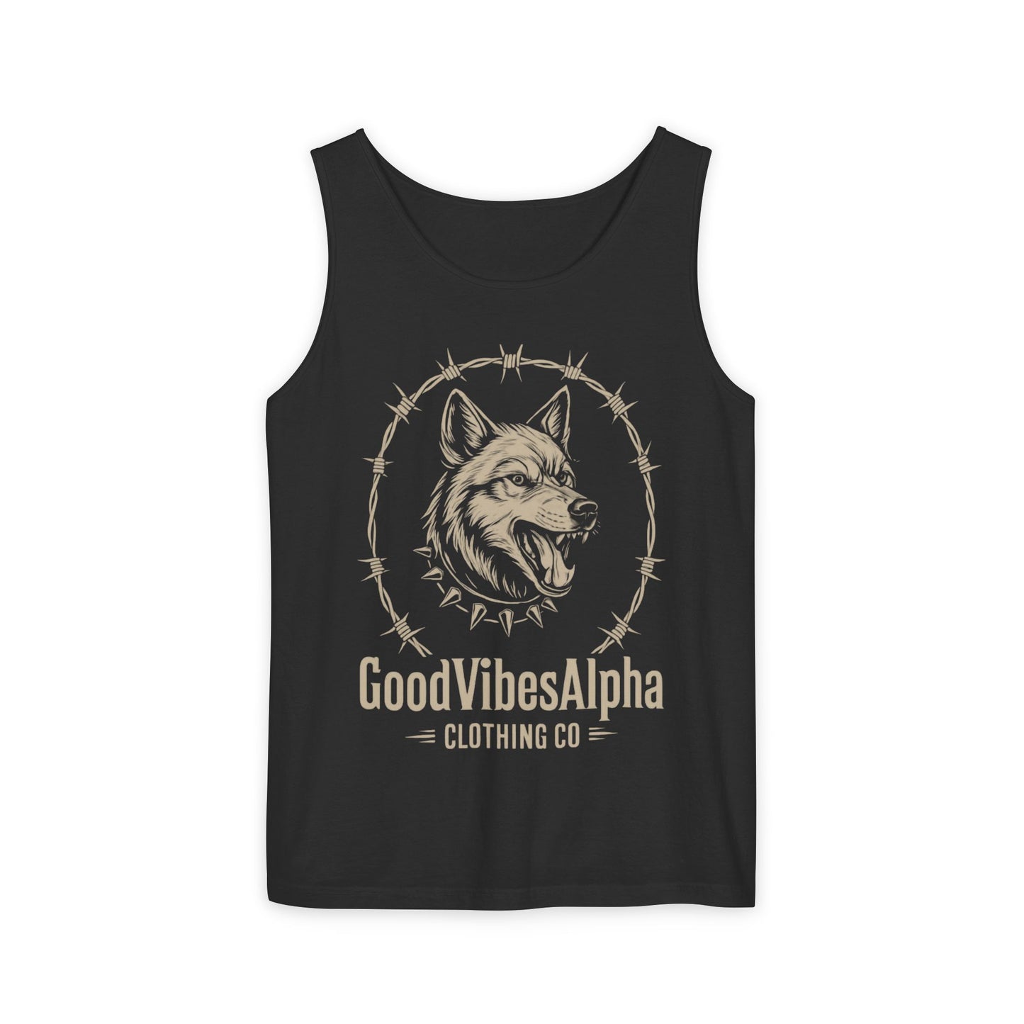 Good Vibes Alpha Wolf Unisex Garment-Dyed Tank Top – Summer Style, Casual Wear, Gifts for Him, Athleisure, Relaxed Fit