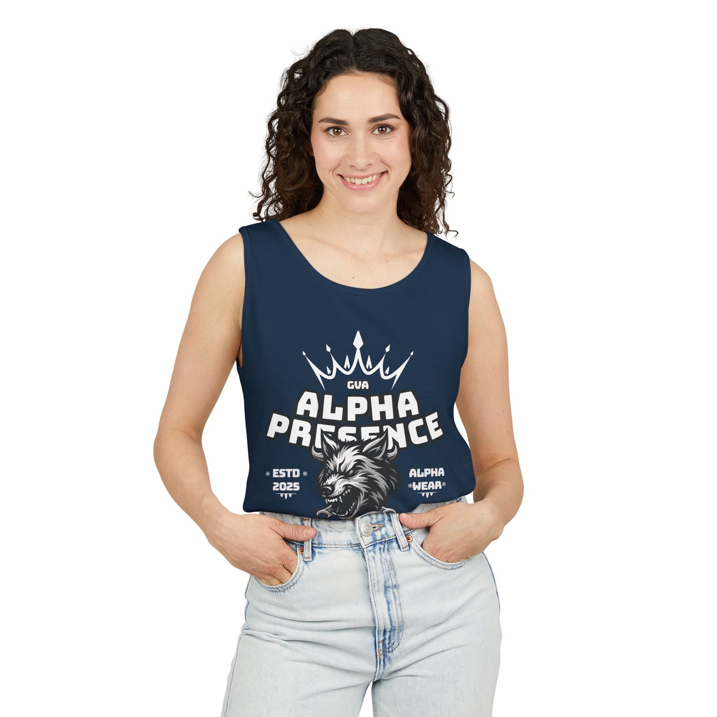 Alpha Presence (Wolf) Unisex Garment-Dyed Tank Top – Summer Style, Casual Wear, Gifts for Him, Athleisure, Relaxed Fit