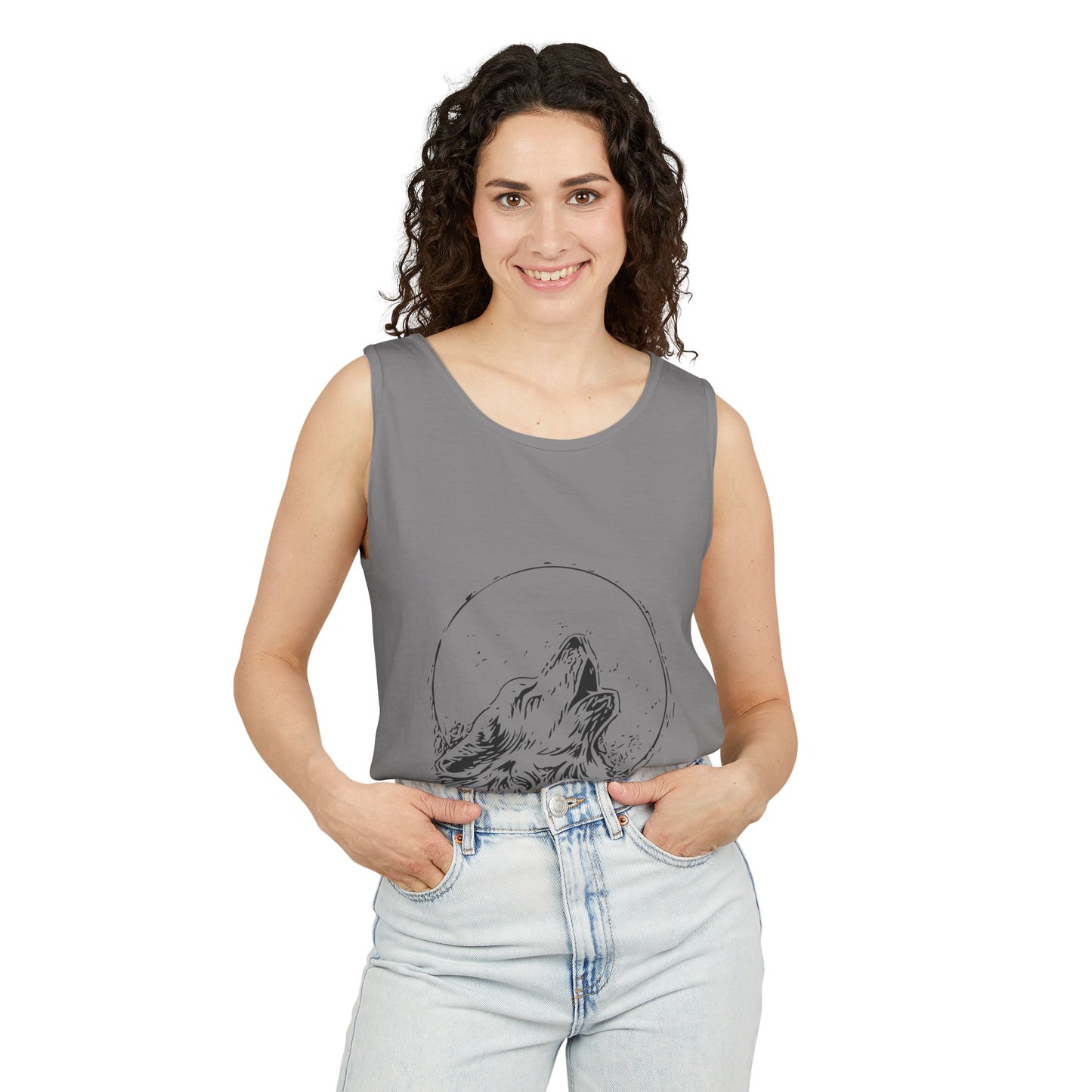 Howling Wolf (Black) Unisex Garment-Dyed Tank Top, Summer Style, Casual Wear, Gifts for Him, Athleisure, Relaxed Fit